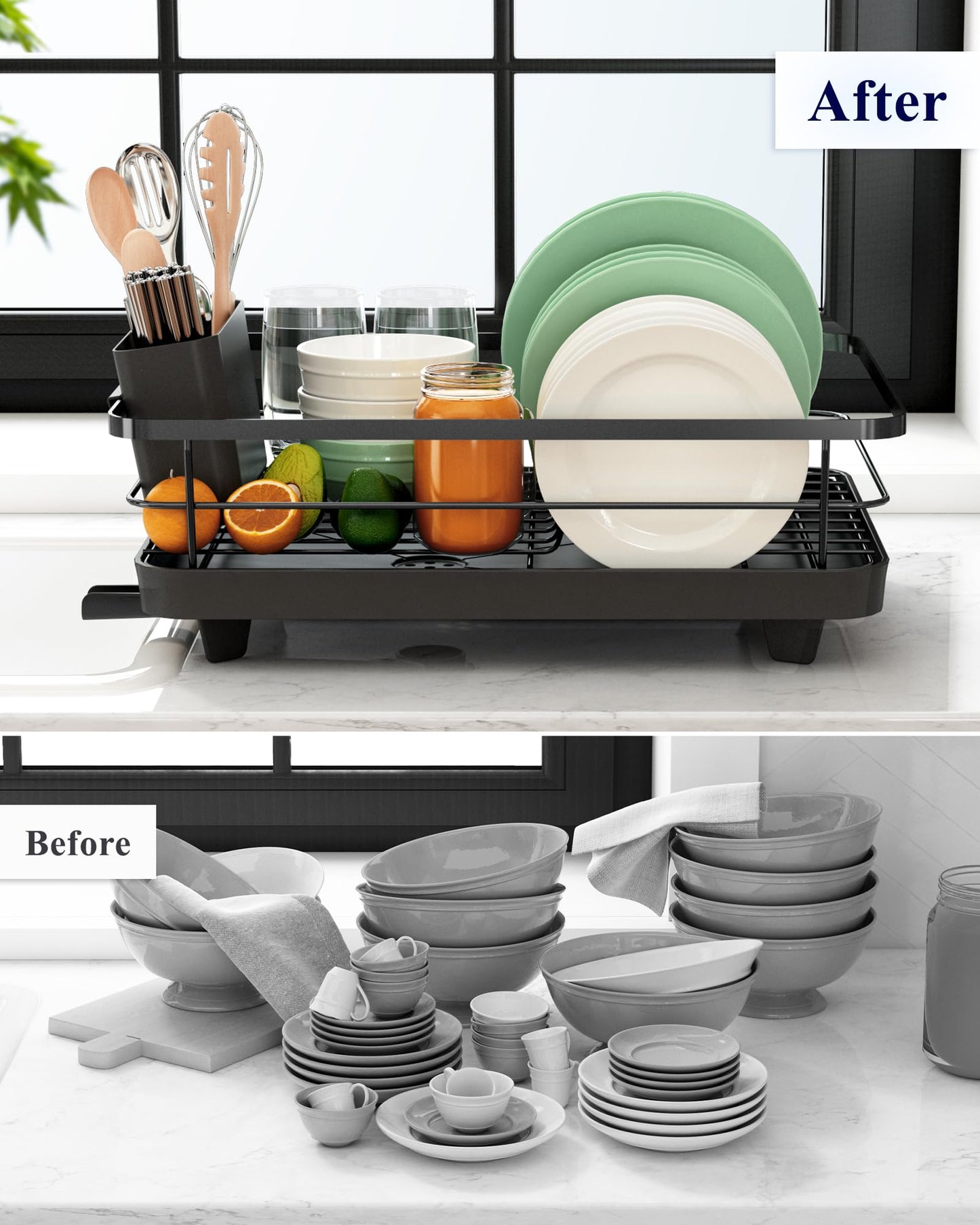 Kitsure Dish Drying Rack for Kitchen Counter, Stainless Steel with Cutlery Holder, Sink Organization & Storage, 12"x15.5", Black