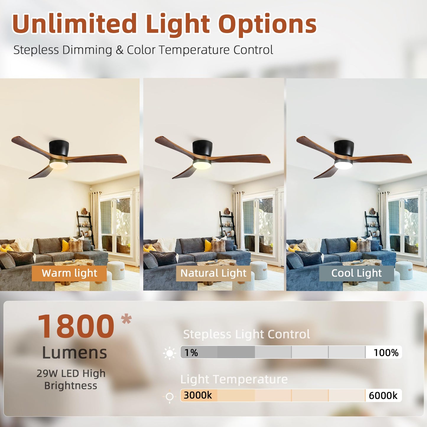 Wanze of ocean Ceiling Fans with Lights 52 Inch Flush Mount, Wood Blade, LED Dimmable DC Reversible Modern Ceiling Fan with Remote Control