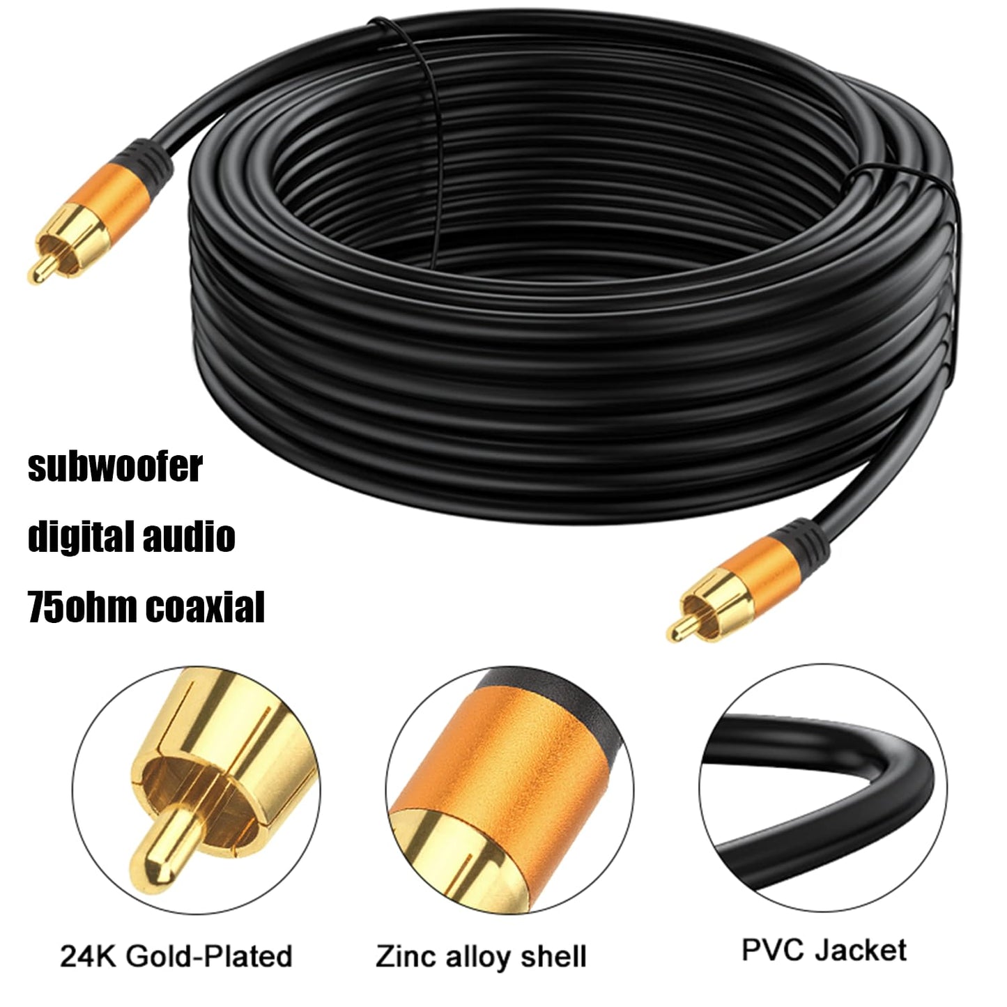 Digital Coaxial Audio Cable 40FT,1RCA Male to 1RCA Male Subwoofer Cable RCA Video Cable for Subwoofer, Home Theater, Video/Audio Subwoofer Rear View