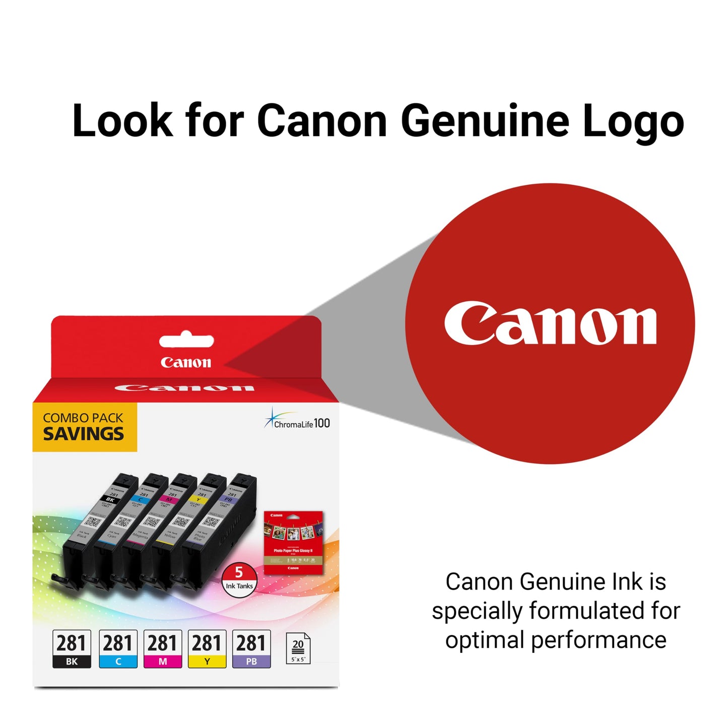 Canon CLI-281 Genuine Combo Pack with 20 (5"x5") Sheets, Compatible with TS9120 Series,TS8120 Series, TS8220, TS8320, and TS6320 Printers