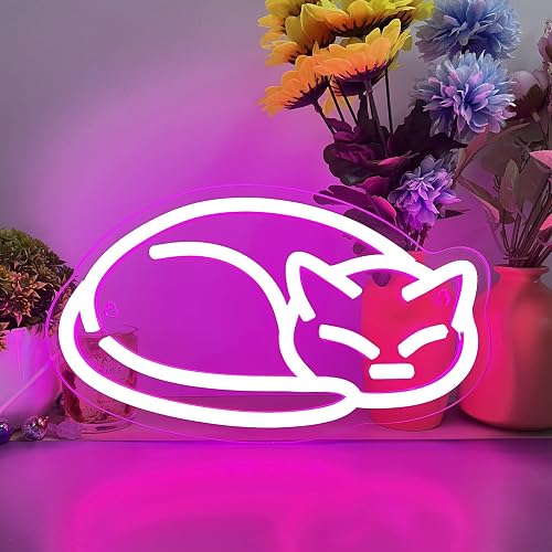 Pink Cat Neon Sign for Wall Decor - Sleeping Kitten LED Neon Light with Dimmable Switch, 11.4" x 6.7" USB Powered Night Light, Aesthetic Room Decor
