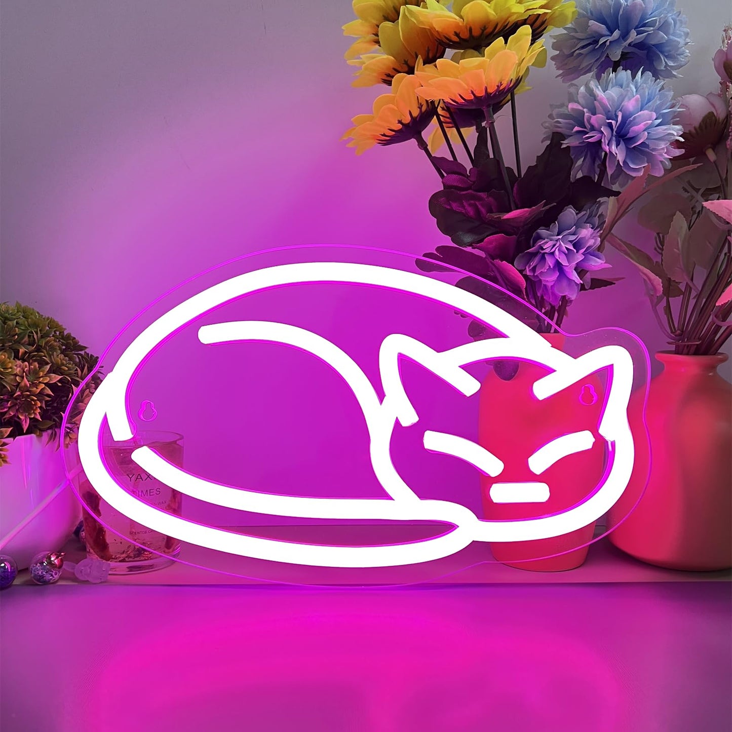 Pink Cat Neon Sign for Wall Decor - Sleeping Kitten LED Neon Light with Dimmable Switch, 11.4" x 6.7" USB Powered Night Light, Aesthetic Room Decor