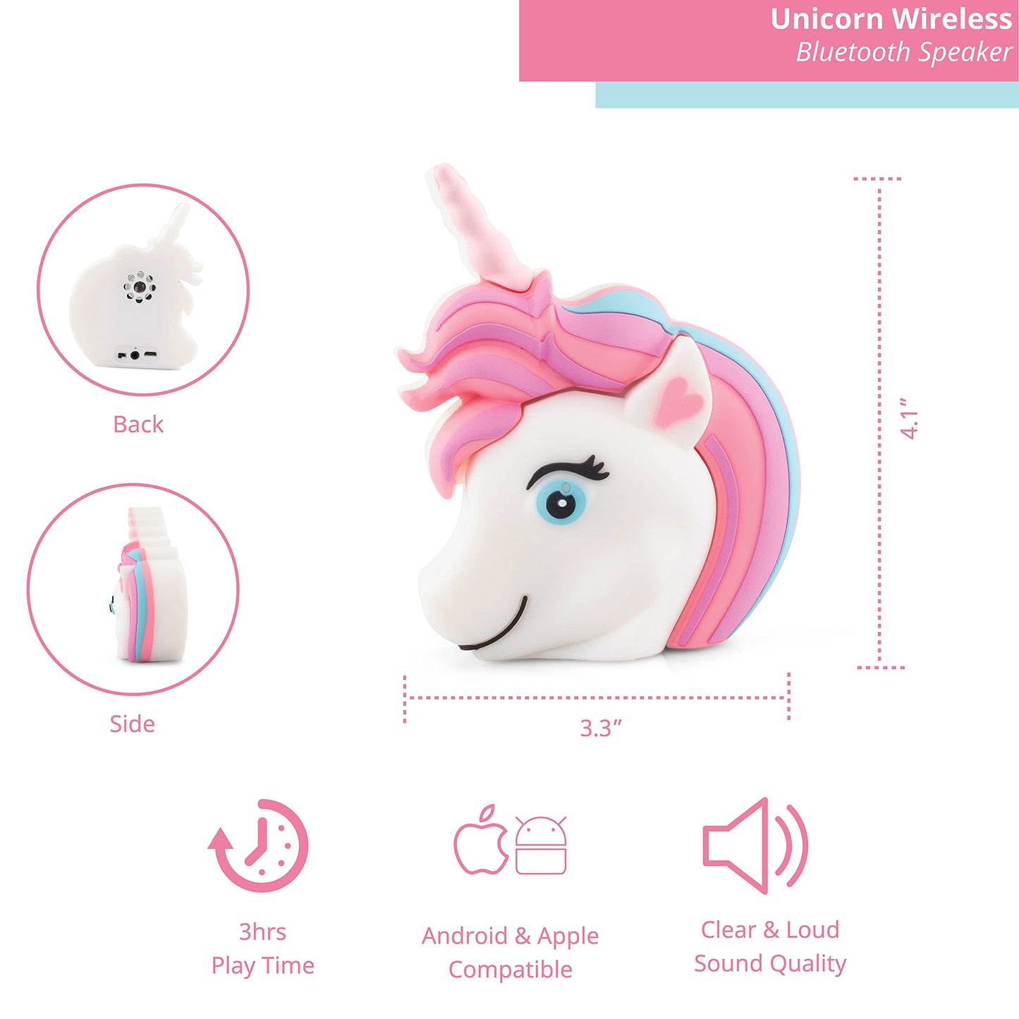 Funx Accessories Unicorn Bluetooth Wireless Speaker, Animal Design for Kids of All Ages, Average 3 Hours of Playtime, 3W Output, Compatible