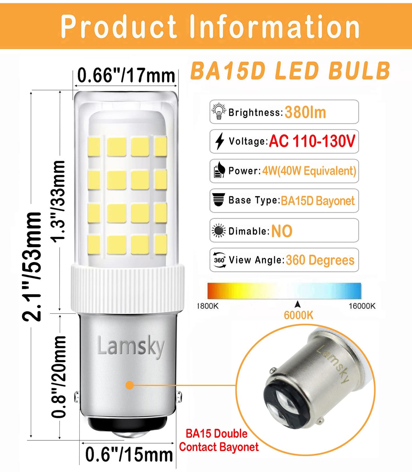 Lamsky BA15D LED Double Contact Bayonet Base Sewing Machine Bulb AC110-130V,T3/T4/C7/S6,4W Daylight 6000K,LED 40W Halogen Replacement