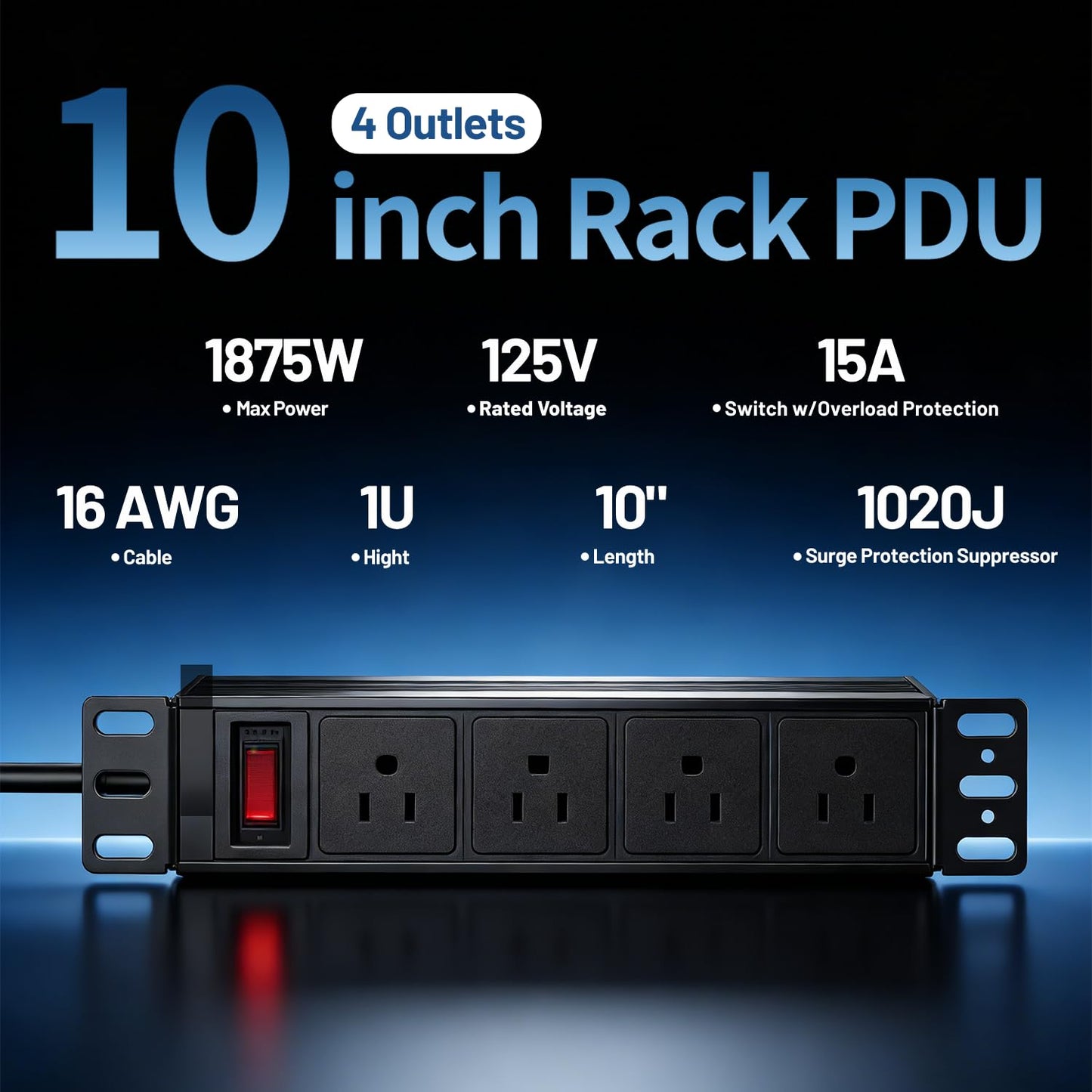 NodeQore 10 inch Rack PDU, 4 Rear Outlets, 1020J Surge Protection &15A Overload Switch, 1U RackMount, Rack Mount Power Strips for 10'' Mini Server
