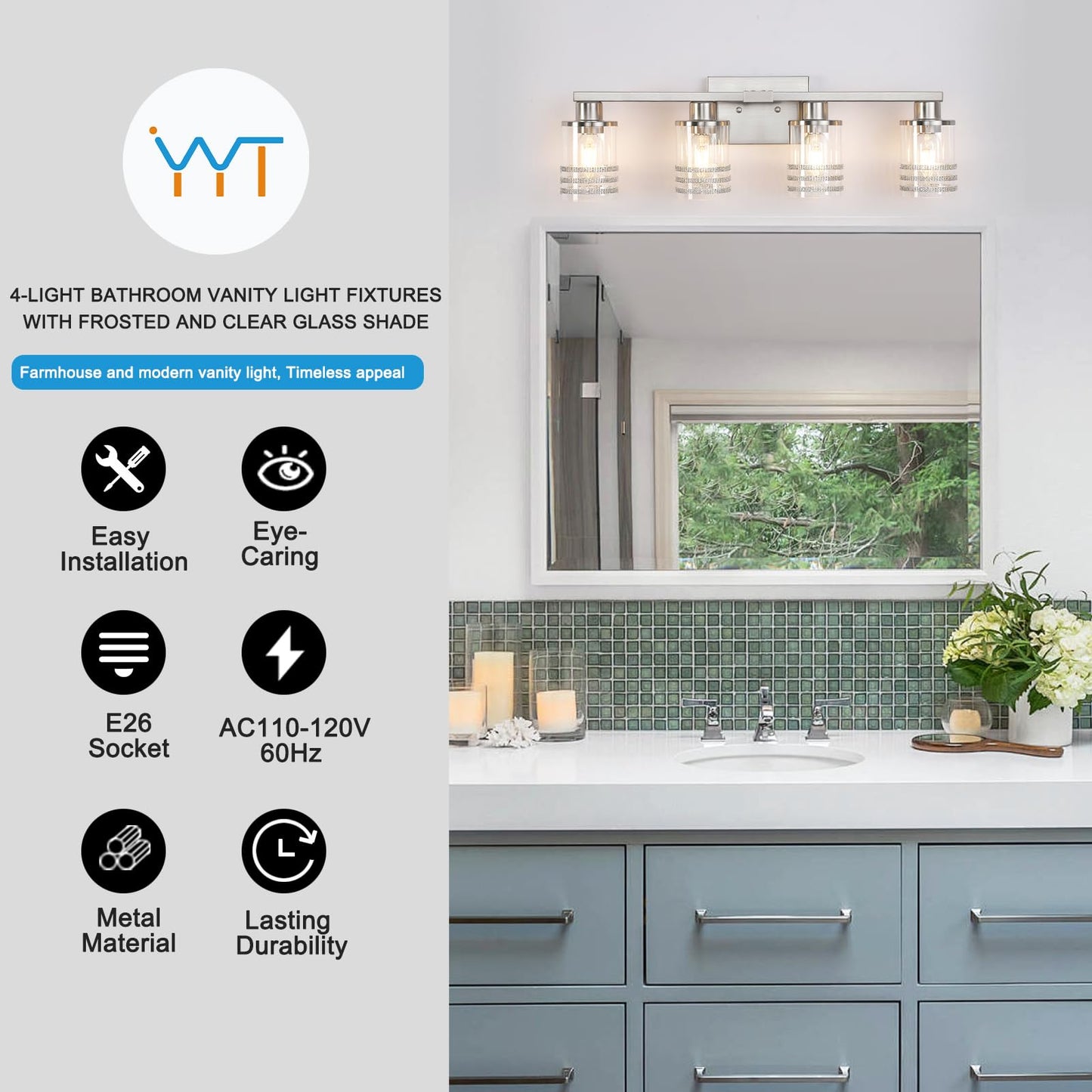 YYT Brushed Nicekl Bathroom Light Fixtures 4 Light Bathroom Vanity Light Brushed Nicekl Vanity Lights for Bathroom with Clear Glass Shade