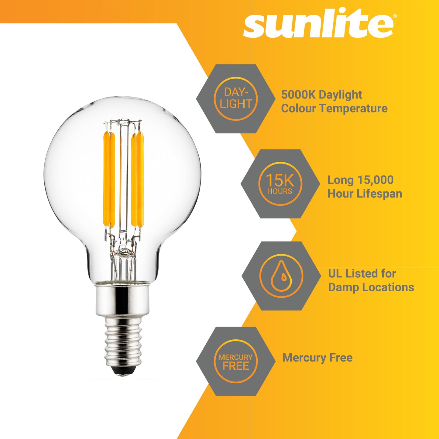Sunlite LED G16.5 G16 1/2 Filament Style Globe Light Bulb, 5 Watts (60W Equivalent), 500 lumens, Dimmable, Candelabra Base (E12), UL Listed, 5000K