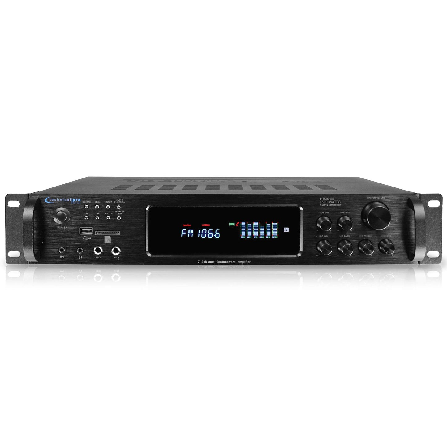 Technical Pro 1500 Watt Multi-Channel Bluetooth Home Stereo Digital Hybrid Amplifier with USB and SD Inputs, 2 Mic Inputs, AM/FM Digital Tuner