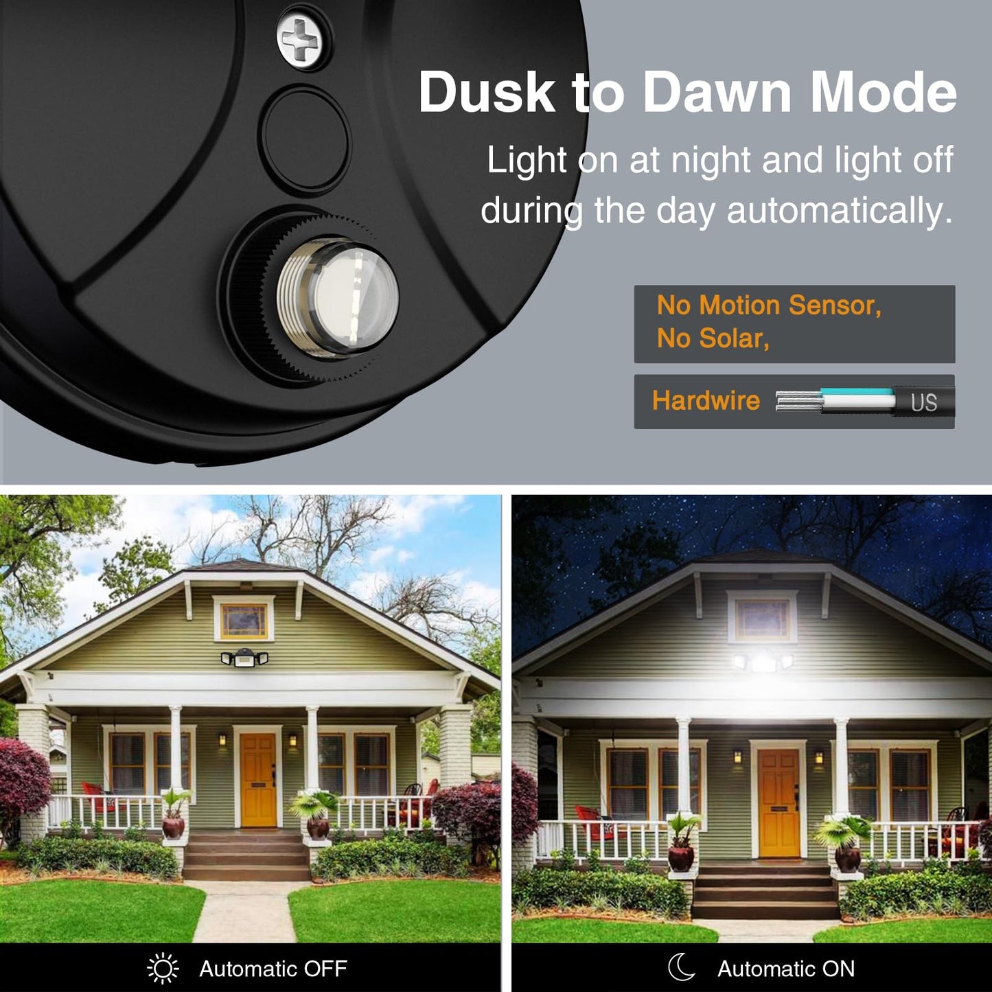 Onforu 80W Dusk to Dawn Outdoor Lighting,8000LM Black Flood Lights Outdoor,IP65 Waterproof Exterior Security LED Light,3 Adjustable Heads Photocell