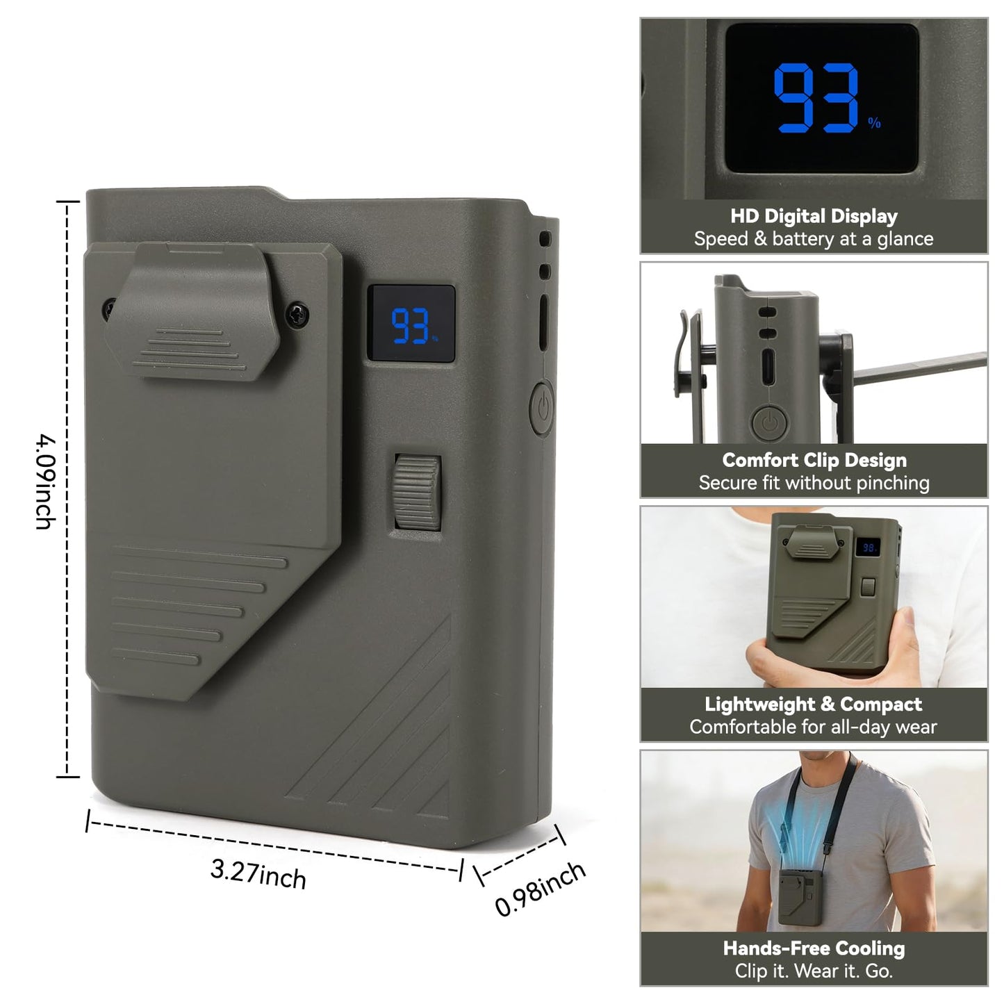 ZEMIRO CHARGE Portable Rechargeable Waist Fan, 3600mAh Hands-Free Wearable Belt Fan for Outdoor, Camping, Travel & Work (Military Green)