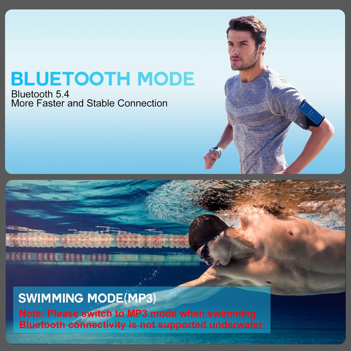 Opinta Swimming Headphones with Safelight, IPX8 Waterproof Bone Conduction Headphone Wireless Underwater Earbuds with 32GB Memory for Swimming