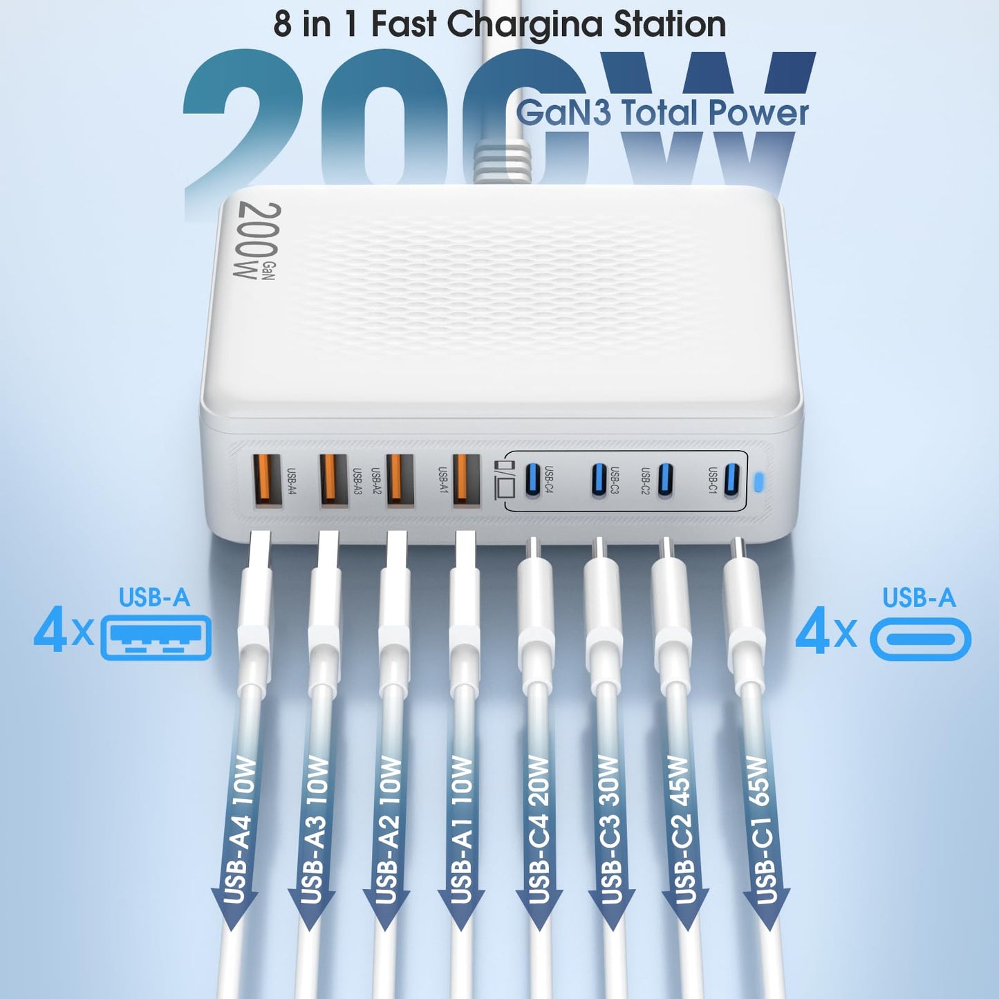 KTDRJN USB C Charger 200W,Upgraded GaN 8-Port Fast Charging Station Hub,Laptop Charger Adapter,Wall Charger Power Compatible with iPhone17/16/15/14/13