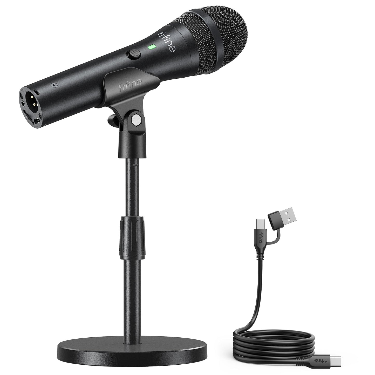 FIFINE USB/XLR Dynamic Microphone for Podcast Recording, Studio Handheld Mic Set with Desktop Stand for Vocal, Voice Over, Streaming, Black-AmpliTank