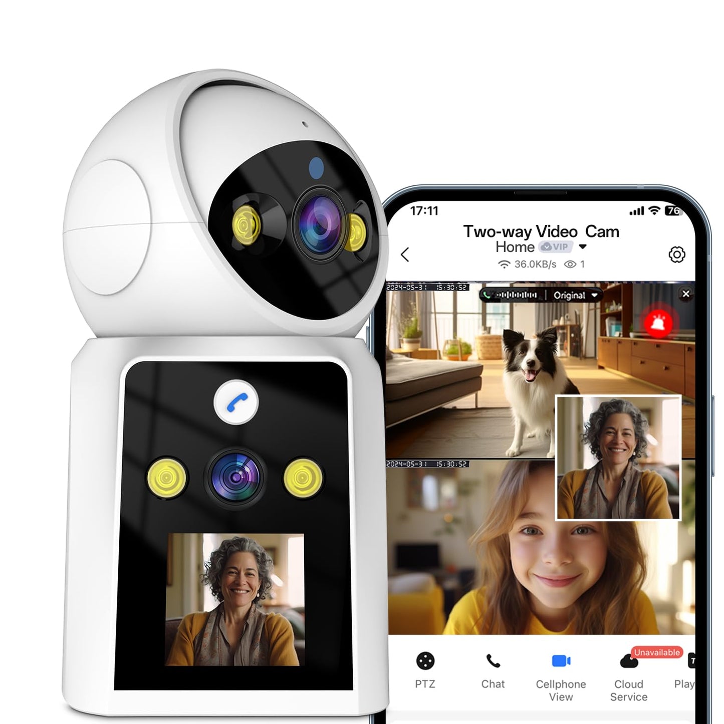 Kinnkall Indoor Security Camera 1.5" Display for Baby & Pet Monitoring, PTZ with Motion Tracking, Two-Way Audio, 24/7 Cloud/SD Storage, 2.4G WiFi