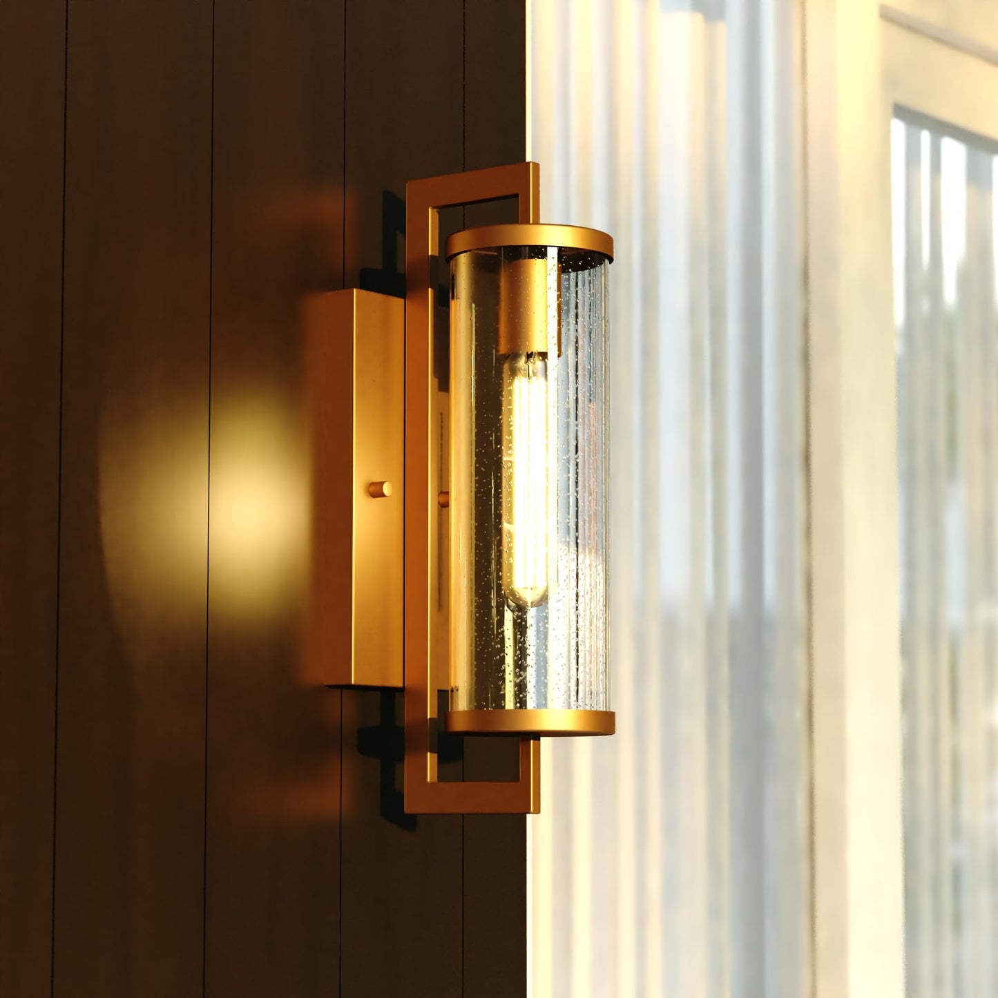 VAXCEL Morgan Park 16 in. H 1-Light Warm Brass Dusk to Dawn Sensor Gold Outdoor Wall Sconce, Durable Steel, Clear Seeded Glass Shade, LED Compatible