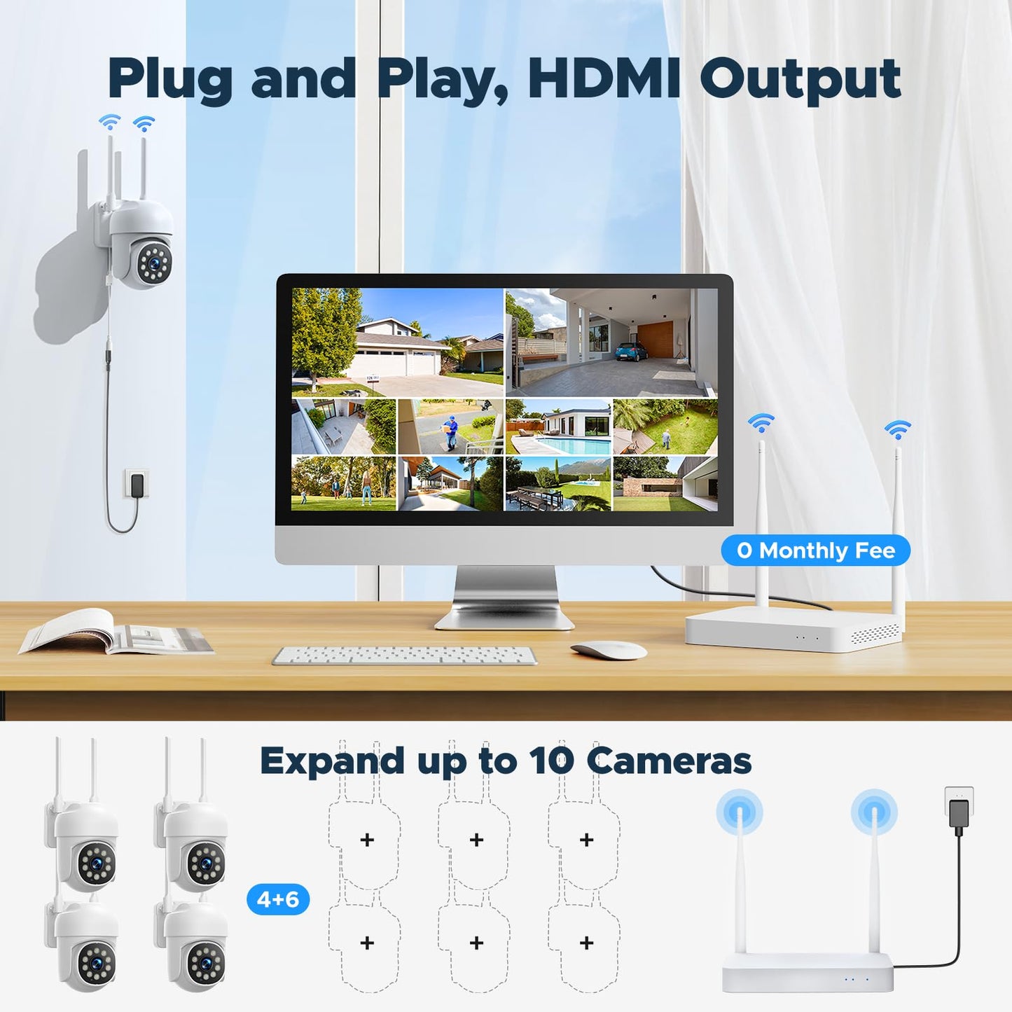 MOSBOK Home Security Camera System, 4Pcs PTZ Wireless Cameras with Auto Human/Pet/Vehicle Detection, 10CH 4K NVR with 24-7 Recording, 2-Way Audio
