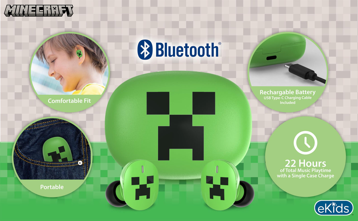 eKids Minecraft Bluetooth Earbuds with Microphone, Wireless Earbuds with Charging Case
