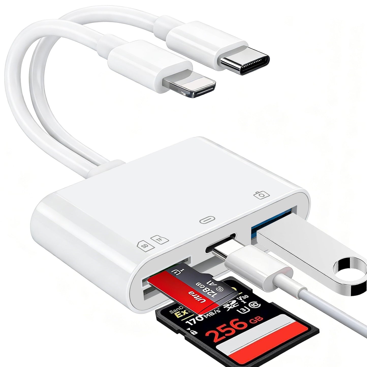 4-in-1 Memory Card Reader,SD Card Reader for iPhone,iPad Memory SD Card Reader USB C&Lightning Dual Port Micro SD Card Reader,Memory Card Reader
