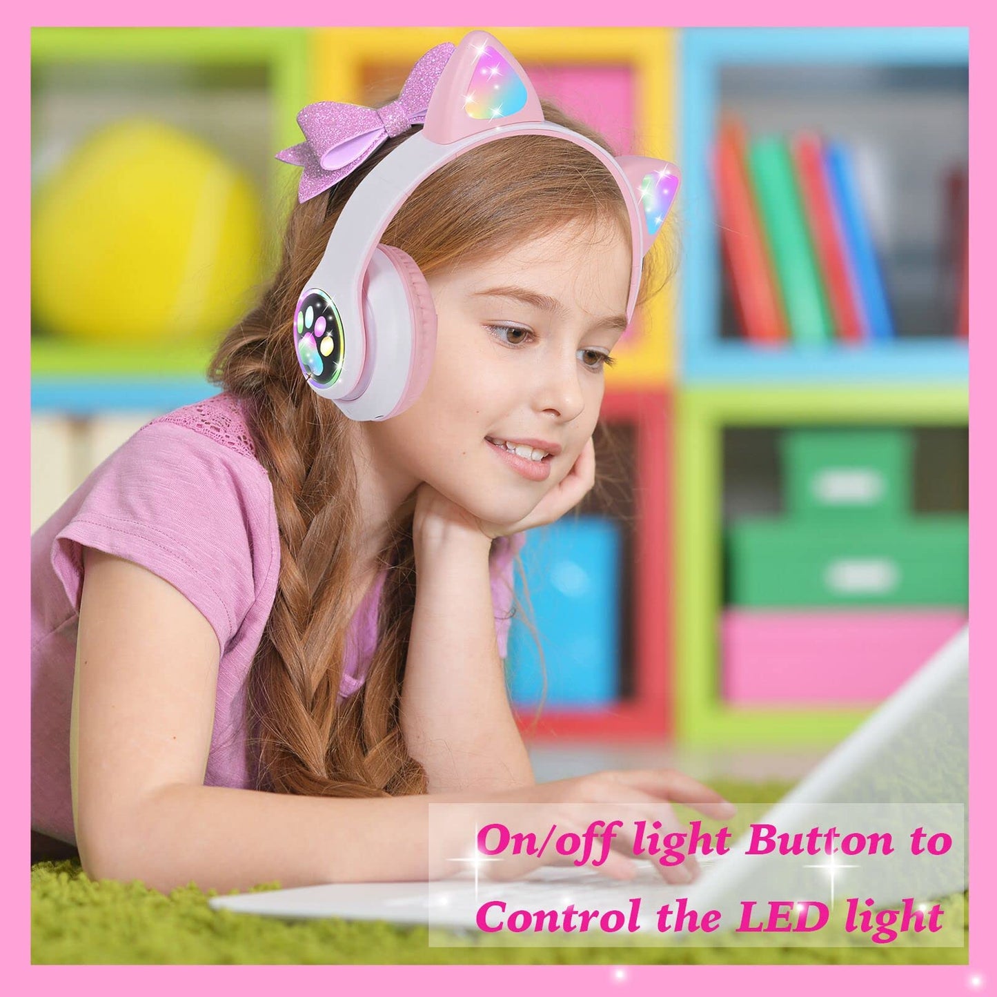 kuyaon Wireless Headphones for Kids, Cat Ear LED Light Up Bluetooth Kids Headphones with Microphone for School/Travel/Sports/Gaming/Gifts/Christmas