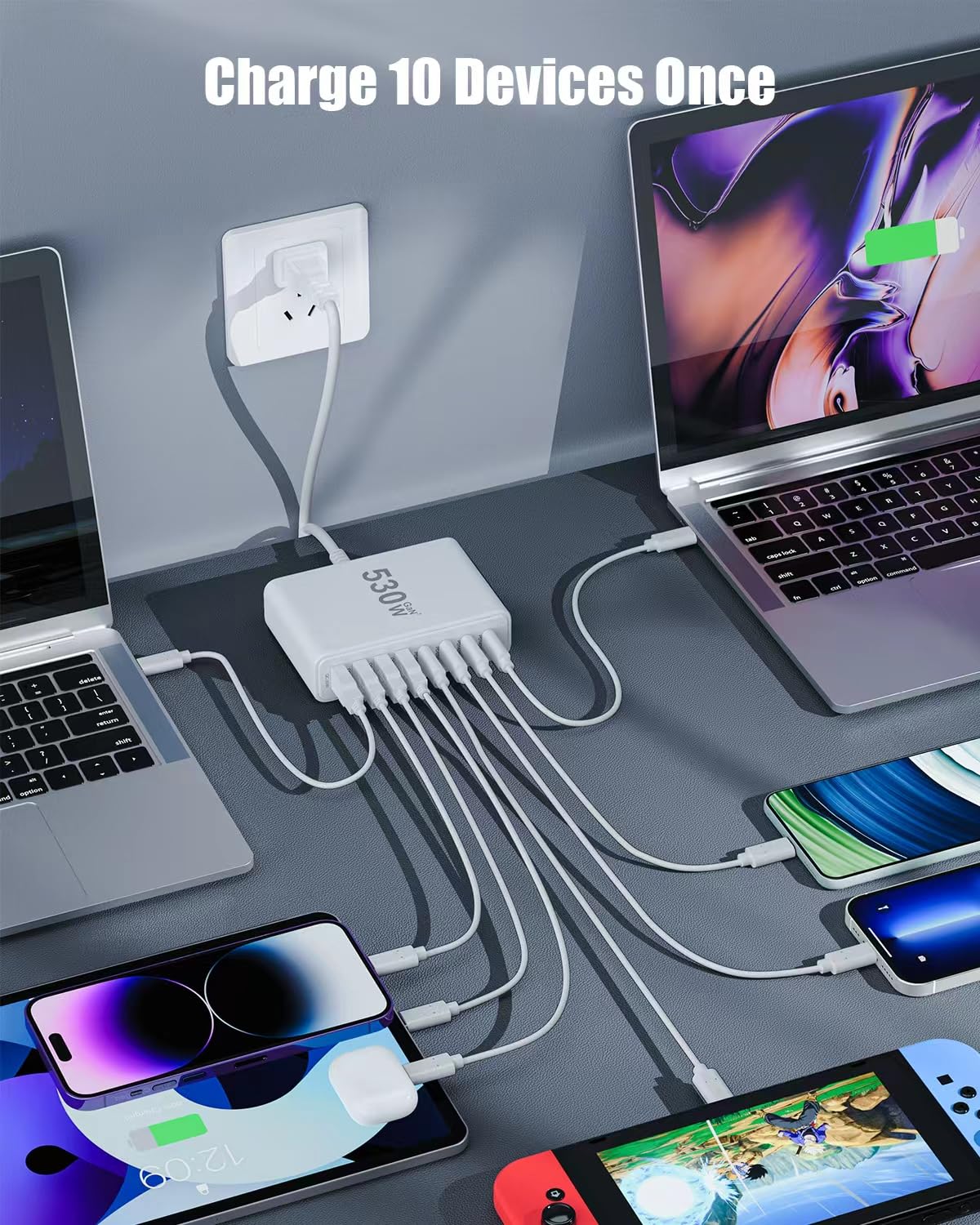 USB C Charger 530W USB C Charger Block,Upgraded GaN IV 10-Port Charging Station Hub,Travel Essentials 140W Fast Charging Laptop Adapter for MacBook