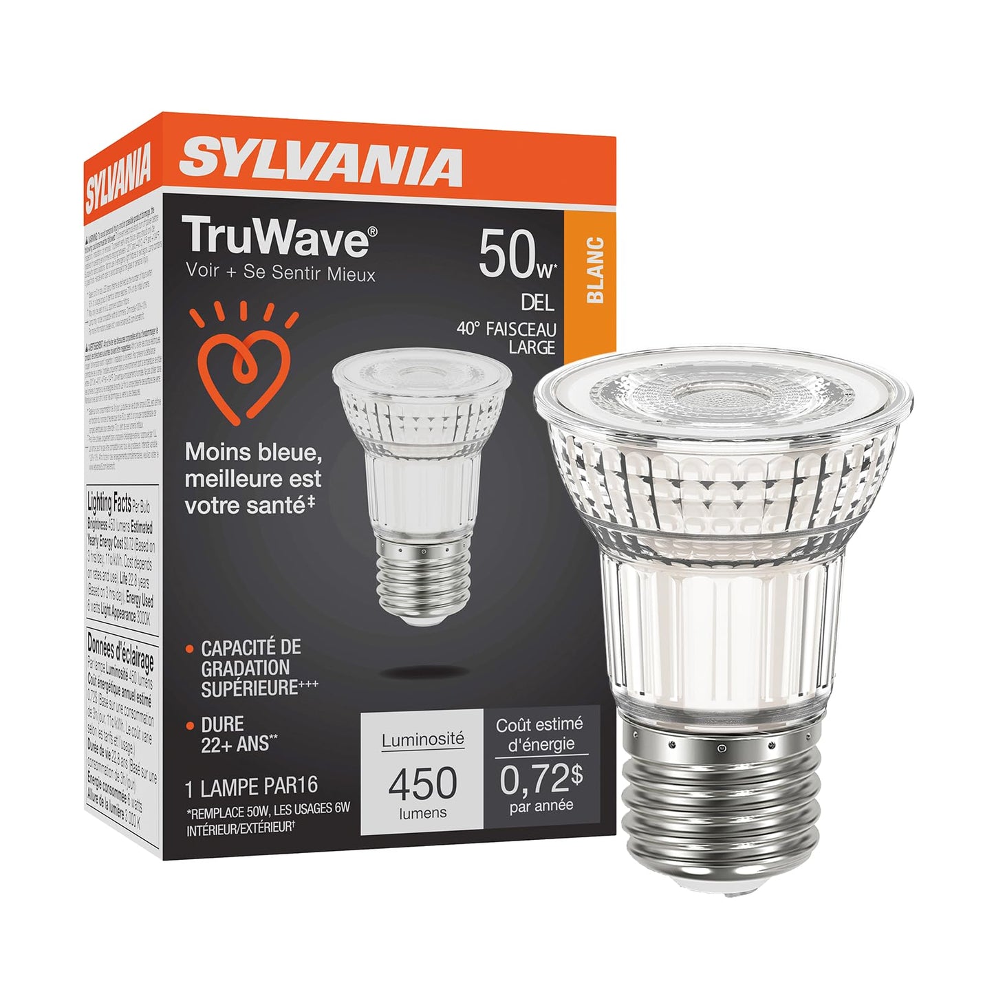 Sylvania LED TruWave Natural Series PAR16 Light Bulb, 50W Equivalent, Efficient 6W, Medium Base, Dimmable, 3000K, White - 1 Pack (40930)