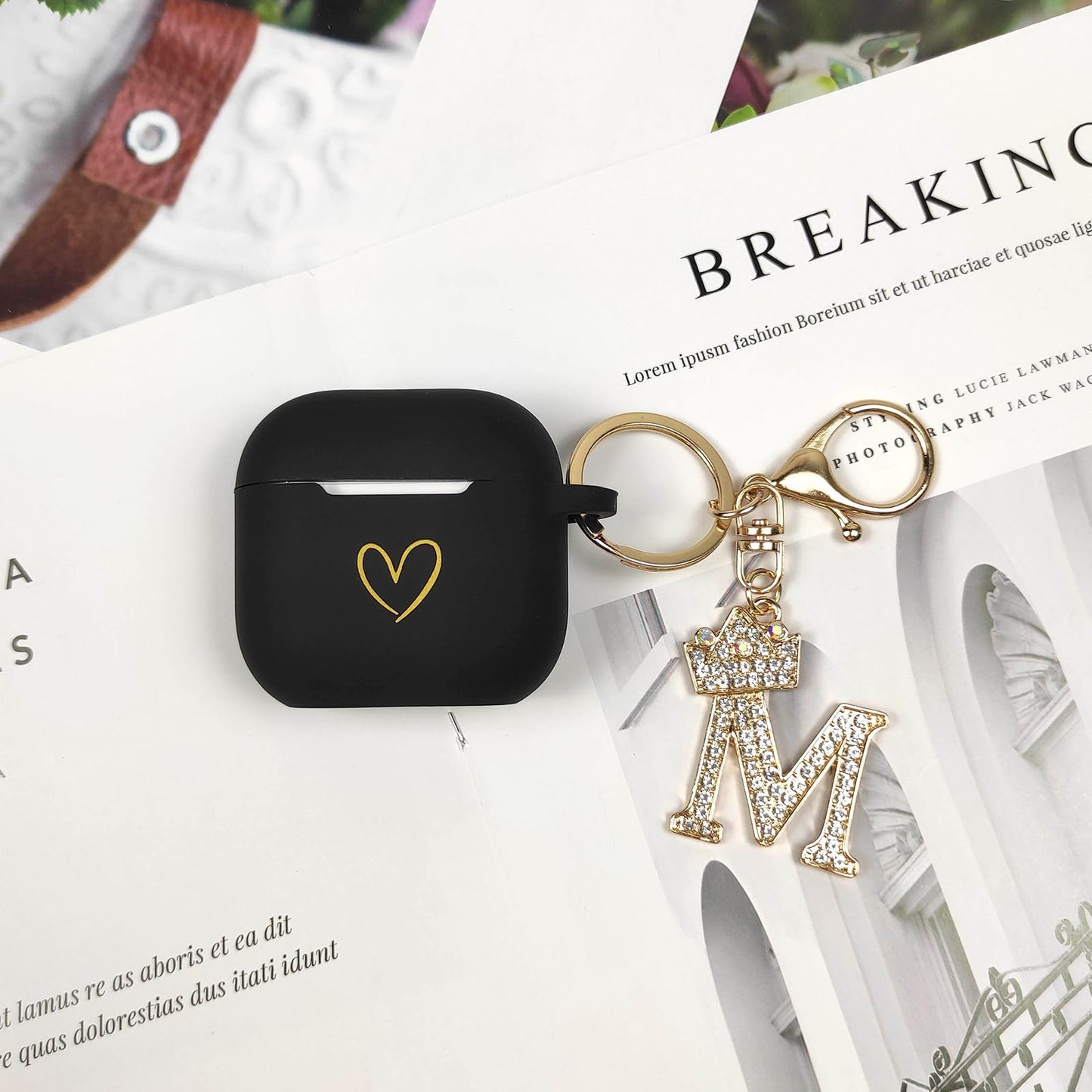 AIIEKZ Compatible with AirPods 4 Cover 2024, Soft Silicone Case With Gold Heart Pattern for 4th Generation, Rhinestone Studded Letter A-Z Keychain (M