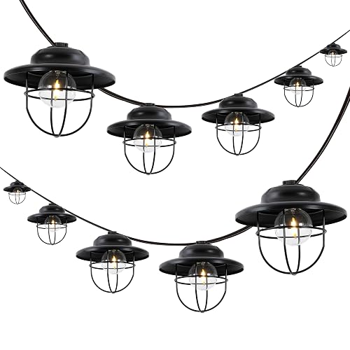 JONATHAN Y 10' Black 10-Light Rustic Farmhouse LED String Lights for Patio, Metal Cage Shade, Weatherproof Connectable Outdoor Hanging Lights, UL