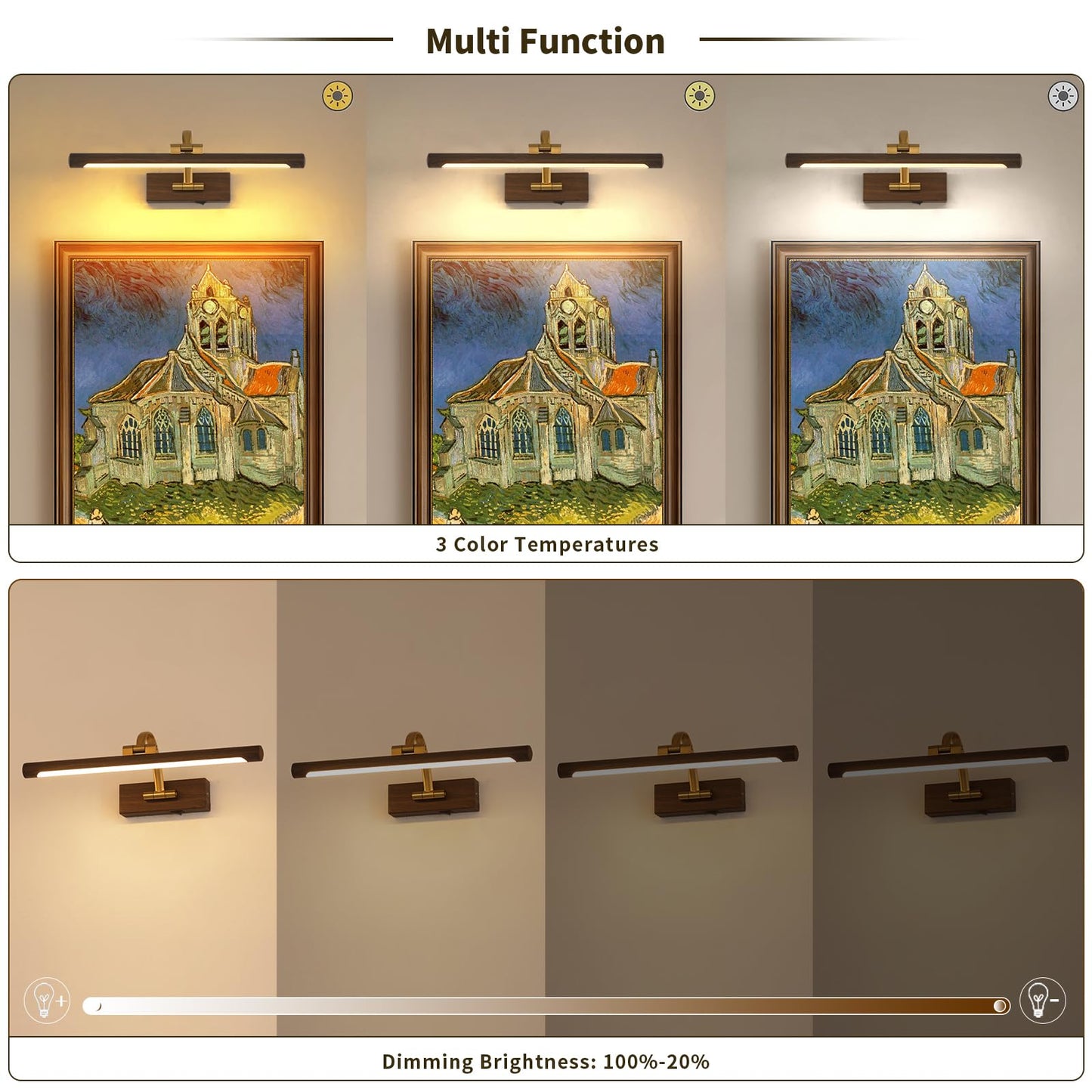 DESOOP Picture Lights for Wall Battery Operated, 3CCT Dimmable Gallery Light with Remote and Timer Wood Grain Finish Art Lighting for Paintings