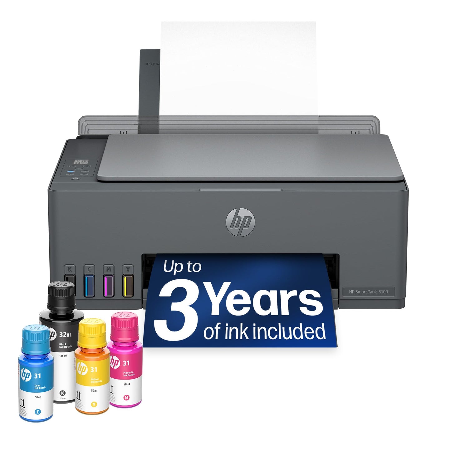 HP Smart Tank 5100 Wireless All-in-One Refillable Printer, Scanner, Copier with up to 3 Years of Ink Included, Best-for-Home, Cartridge-Free