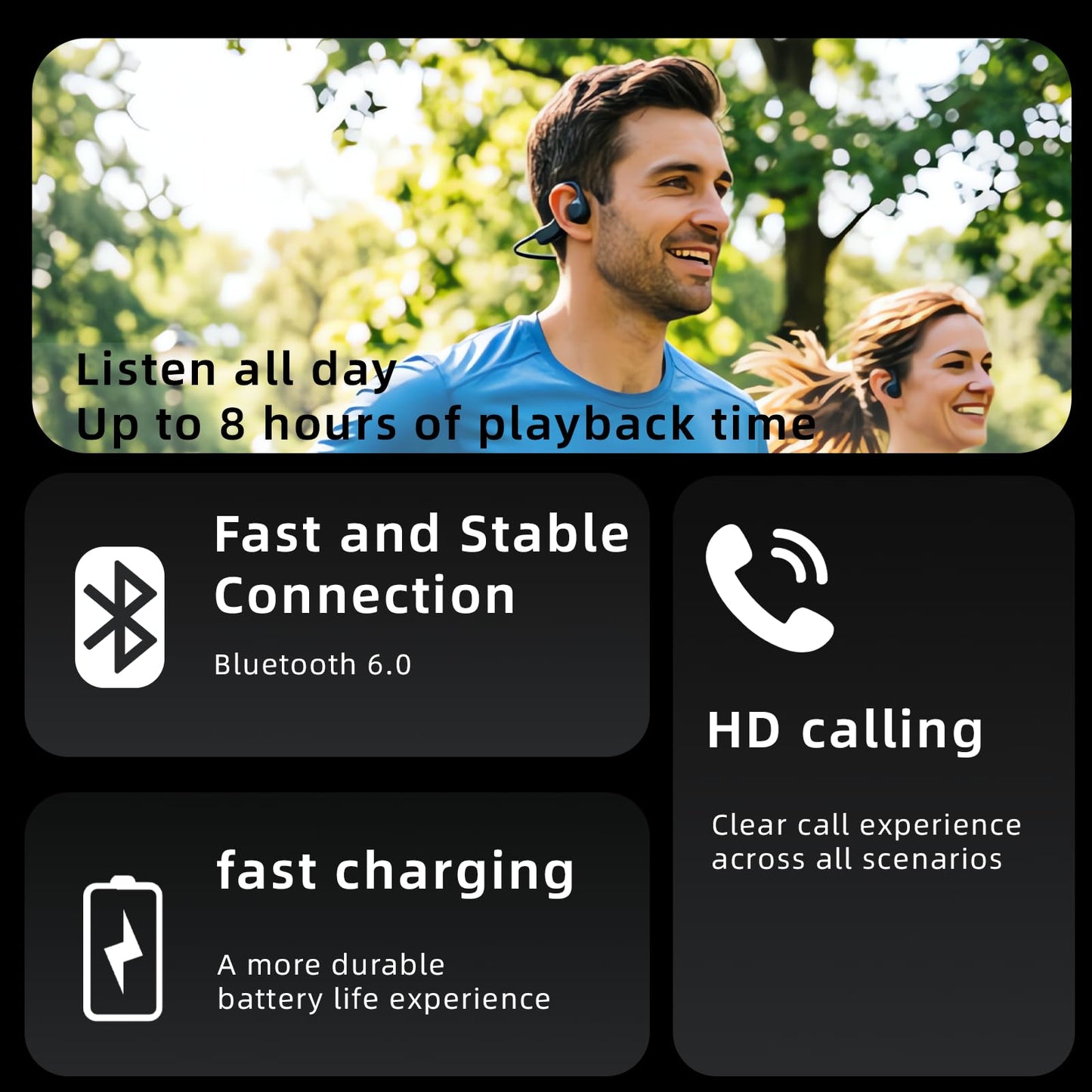 Sports bone conduction headphones, 6.0, wireless open-air headphones, with microphone, battery life up to 15 hours, IP68 waterproof rating, suitable