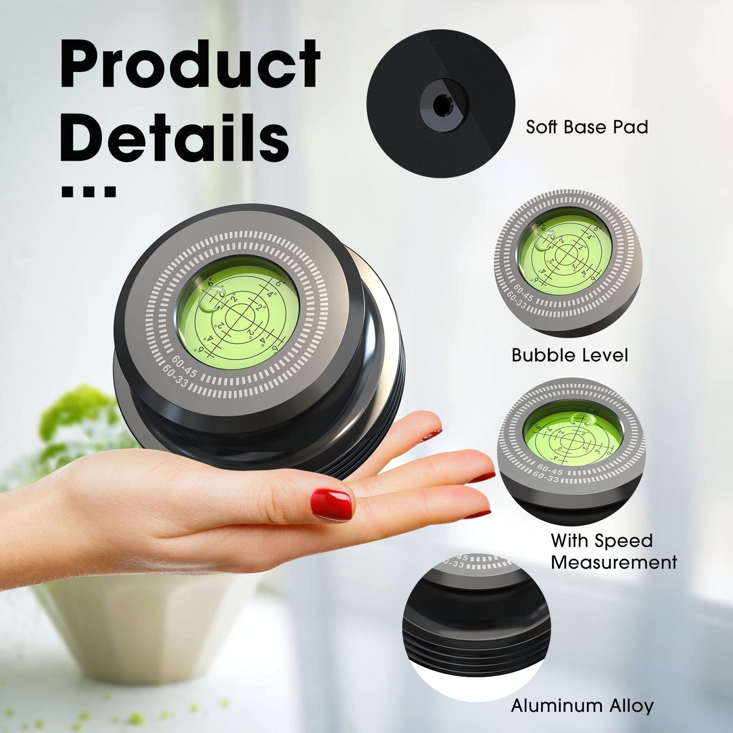 Record Weight Stabilizer,60Hz Vinyl Turntable Clamp, 60HZ 378g LP Disc Stabilizer Turntable Disc with Bubble Leveling for Vibration Balanced
