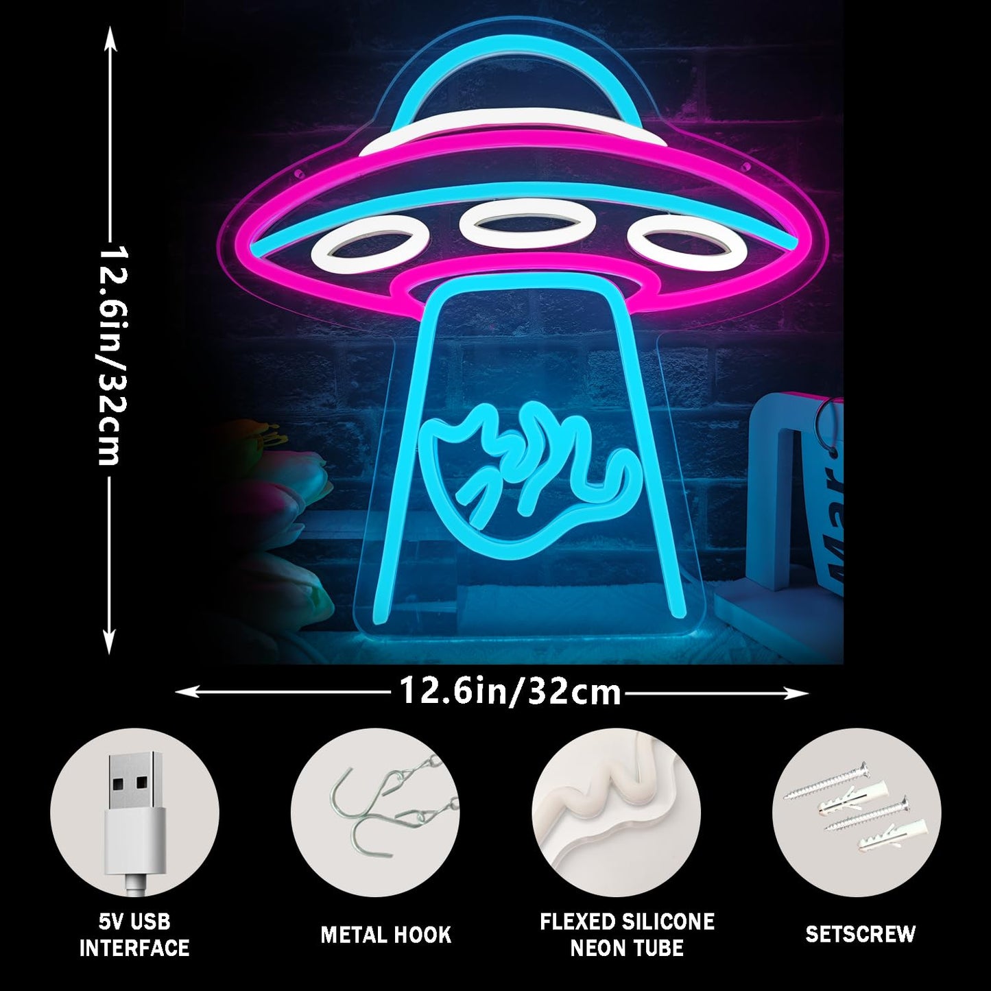 UFO cat neon sign, spaceship LED neon light, dimmable spaceship neon light, suitable for bedroom, children's space, playroom, neon wall decoration