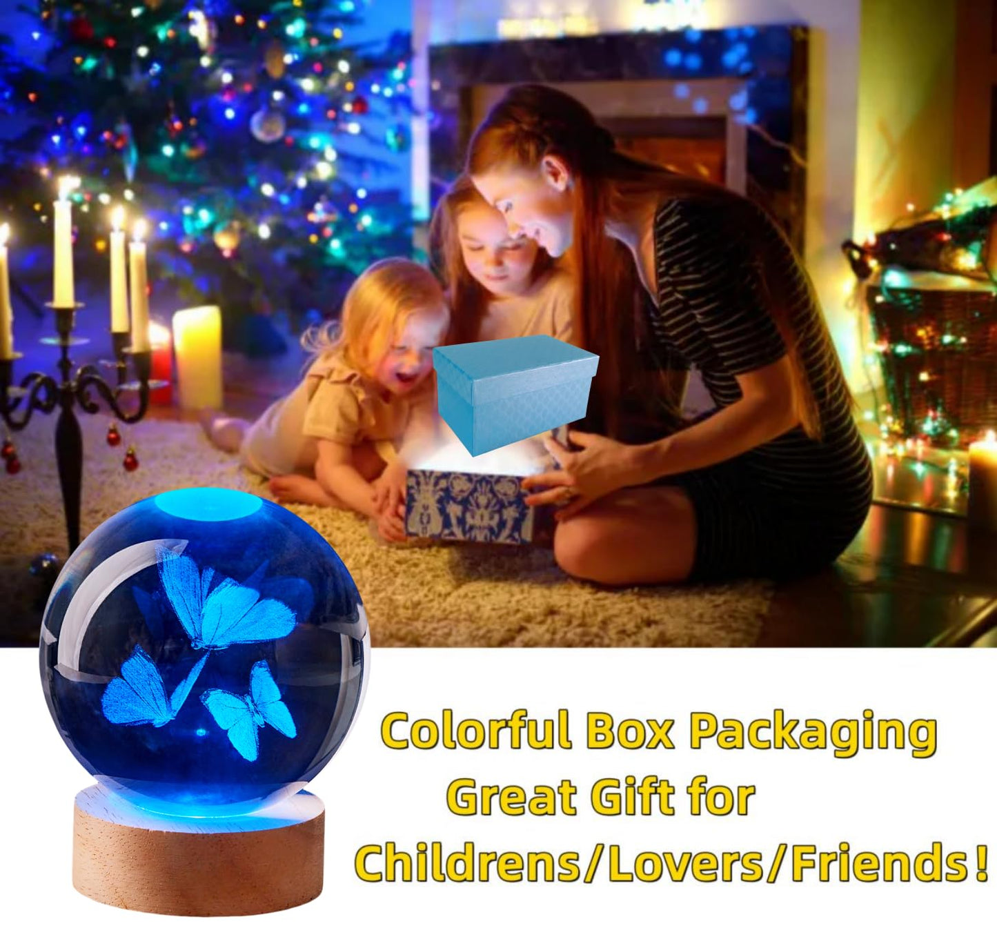3D Butterfly Crystal Ball Lamp, Upgraded 3.15 Inch Butterflies Crystal Ball Night Light with 16 Colors LED Wooden Base, Remote Control, Gift Box