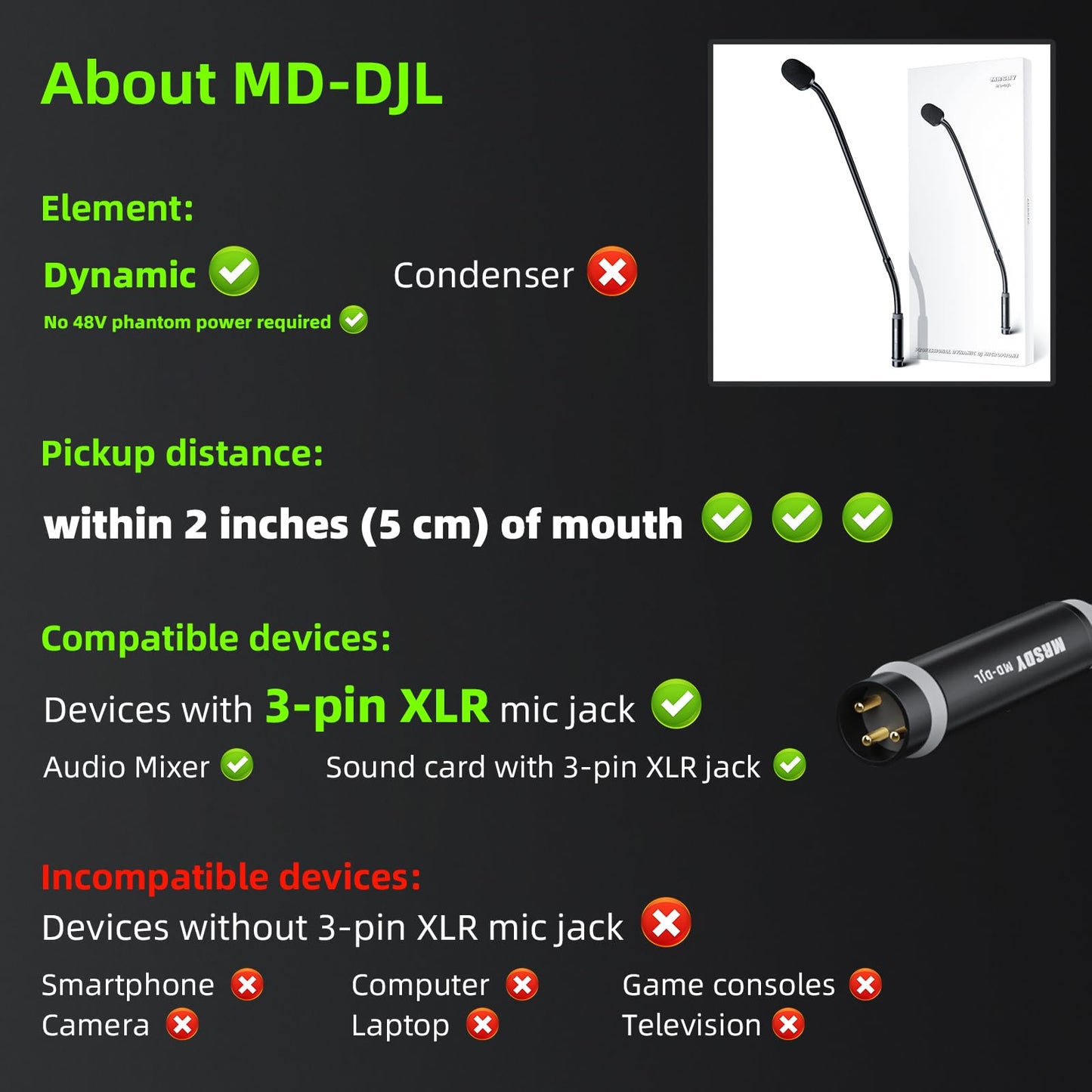 MRSDY Gooseneck Microphone, 23 Inch DJ Microphone for Audio Mixer, Professional XLR Wired Dynamic Mic, Extended Black Metal Noise Reduction Mic
