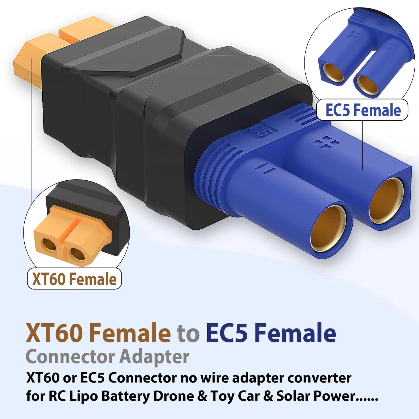 Magiclifee XT60 Female to EC5 Female Connector,XT60 to EC5 Injection Molded Connectors Adapter,RC Battery Adapter for LiPo Battery Micro FPV Drone,RC
