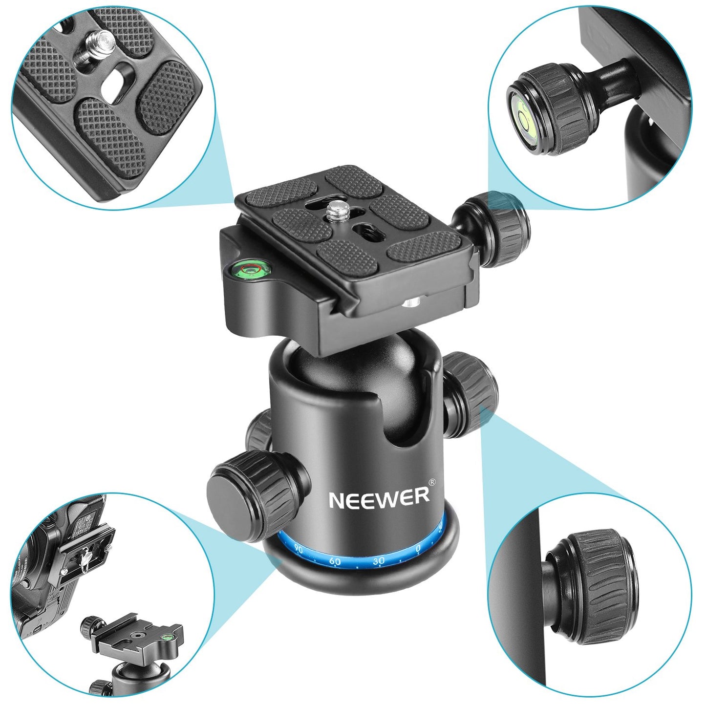 NEEWER 36MM Tripod Ball Head 360° Panoramic Metal with Arca Type Quick Release Plate, 1/4" Screw 3/8" Thread Mount, Max Load 17.6lb/8kg, Tripod Head