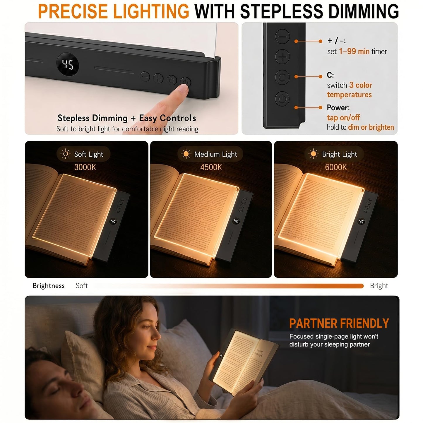 30 LED Book Light for Reading at Night in Bed, Rechargeable Book Page Light, 3 Color Temperatures, Stepless Dimming, 1-99 Min Timer, 2-in-1 Reading