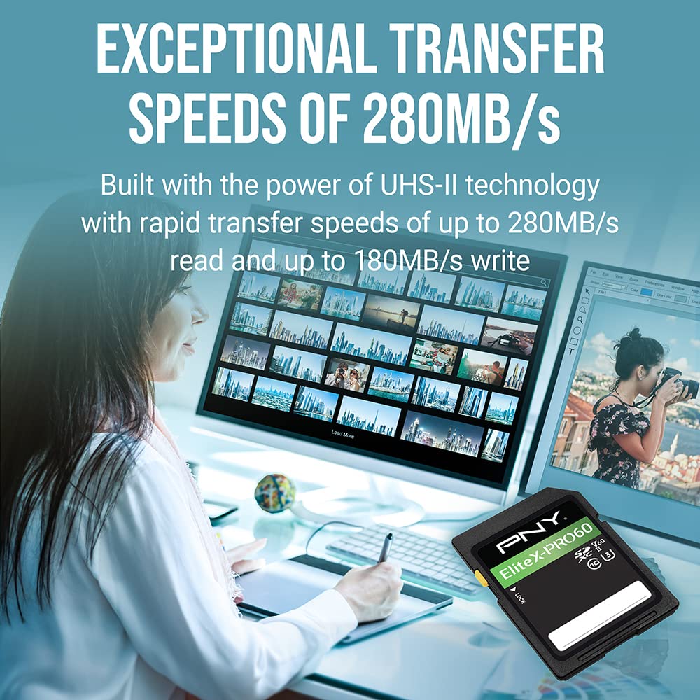 PNY 256GB EliteX-PRO60 UHS-II SDXC Memory Card - R280MB/s W180MB/s, U3, V60, 4K UHD, Full HD, UHS-II for Professional Photographers & Content