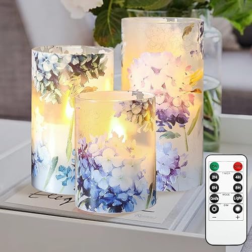REVELBUNNY Blue Hydrangea Flameless Candles, Decorative LED Candles Flickering with Remote Timer, Battery Operated Real Wax Candles for Birthday Party