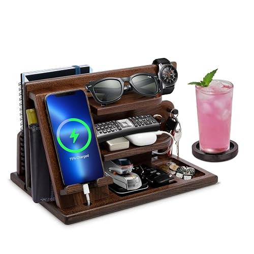 Gifts for Men Christmas, Wood Phone Docking Station, Mens Gifts for Birthday or Gifts for Dad Fathers Day, Desk Workspace Organizer Nightstand