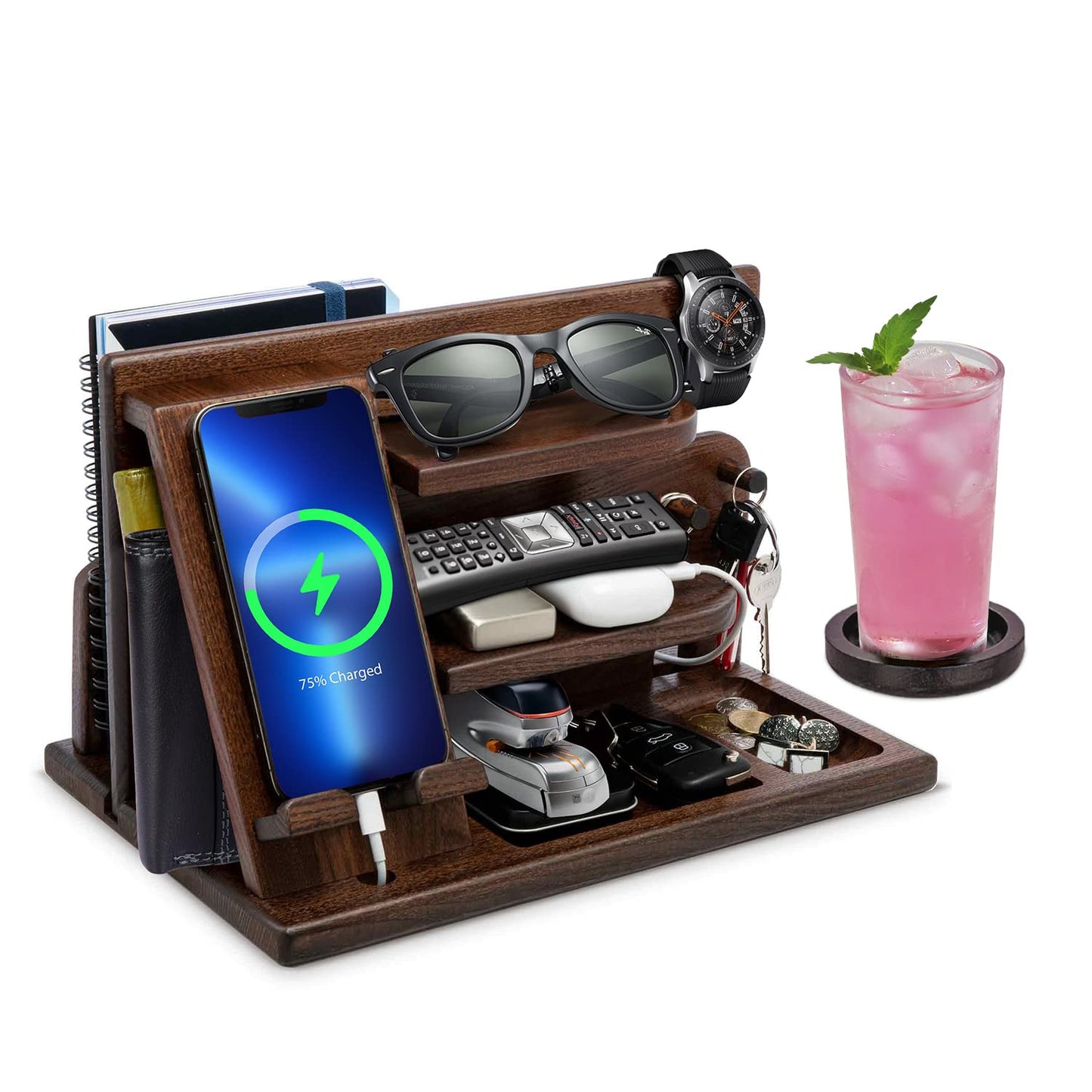 Gifts for Men Christmas, Wood Phone Docking Station, Mens Gifts for Birthday or Gifts for Dad Fathers Day, Desk Workspace Organizer Nightstand