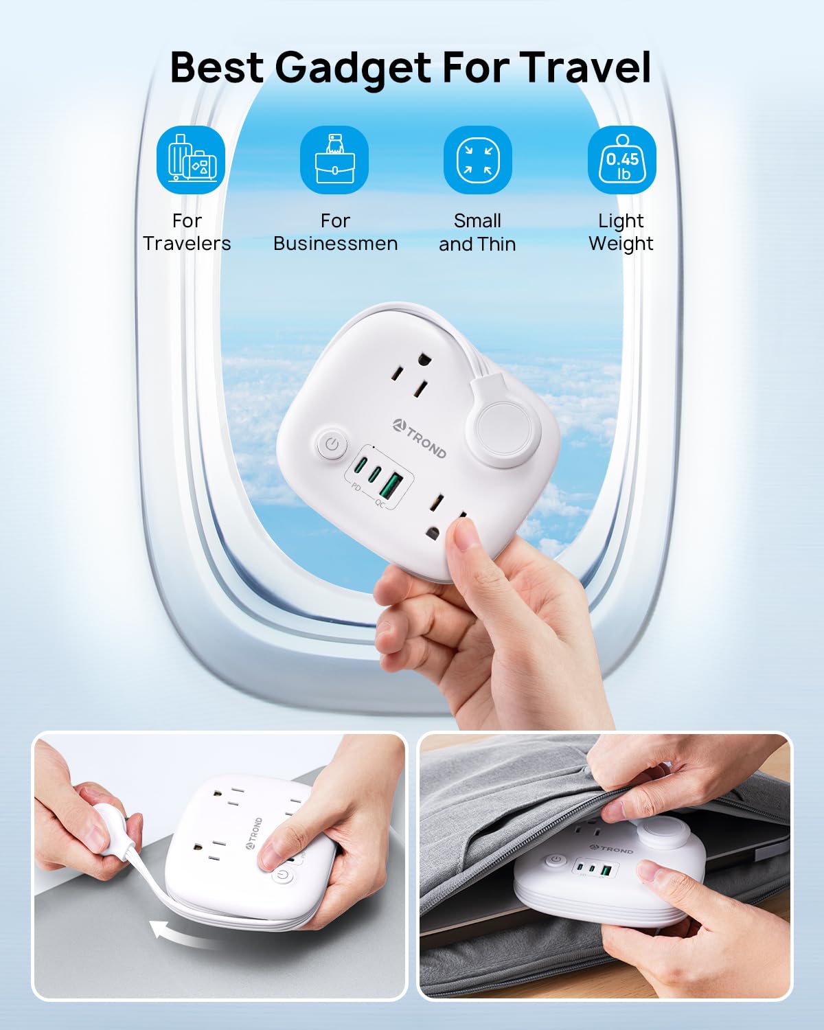 TROND Travel Power Strip with PD 20W USB C, Extension Cord with 3 Widely Spaced Outlets and Fast Charging USB, 2.6FT Wrapped Around Power Strip