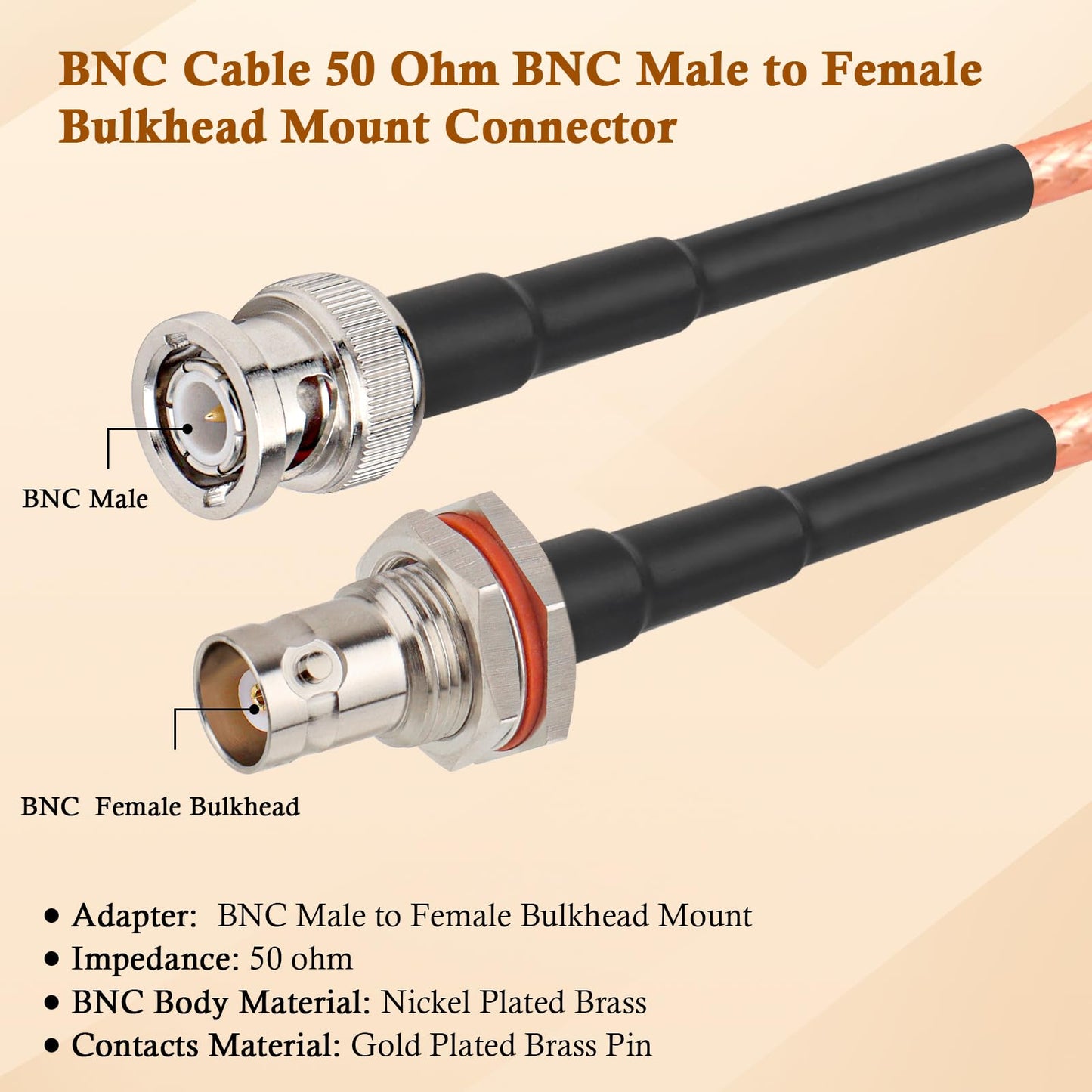 XRDS -RF BNC Cable 3FT 2PCS, 50 Ohm BNC Male to Female Bulkhead Mount RG316 Coax for Wireless Microphone System Receiver CB Radio UHF VHF Ham Radio