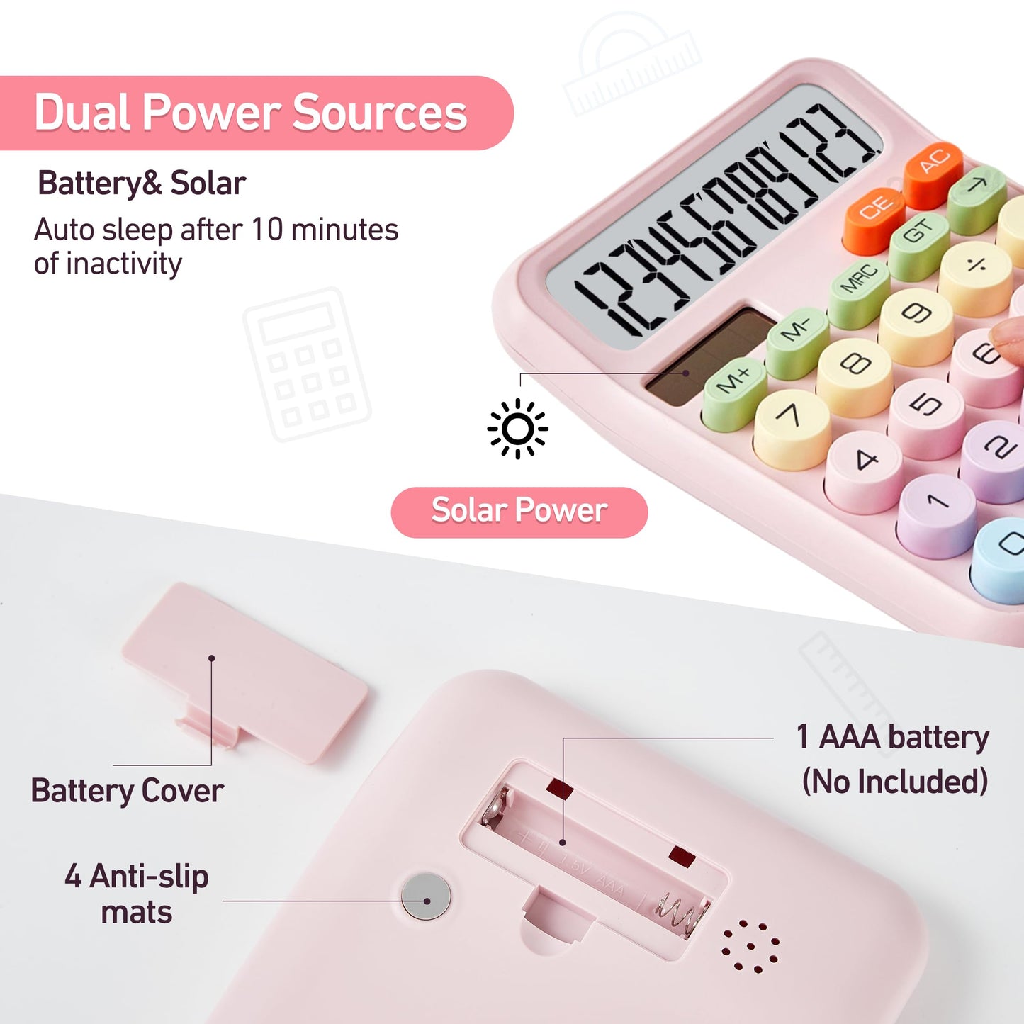 Basic Desktop Calculator with 12-Digit Large LCD Display & Big Buttons - Dual Power (Solar & Battery), Easy to Press Mechanical Switch Calculator