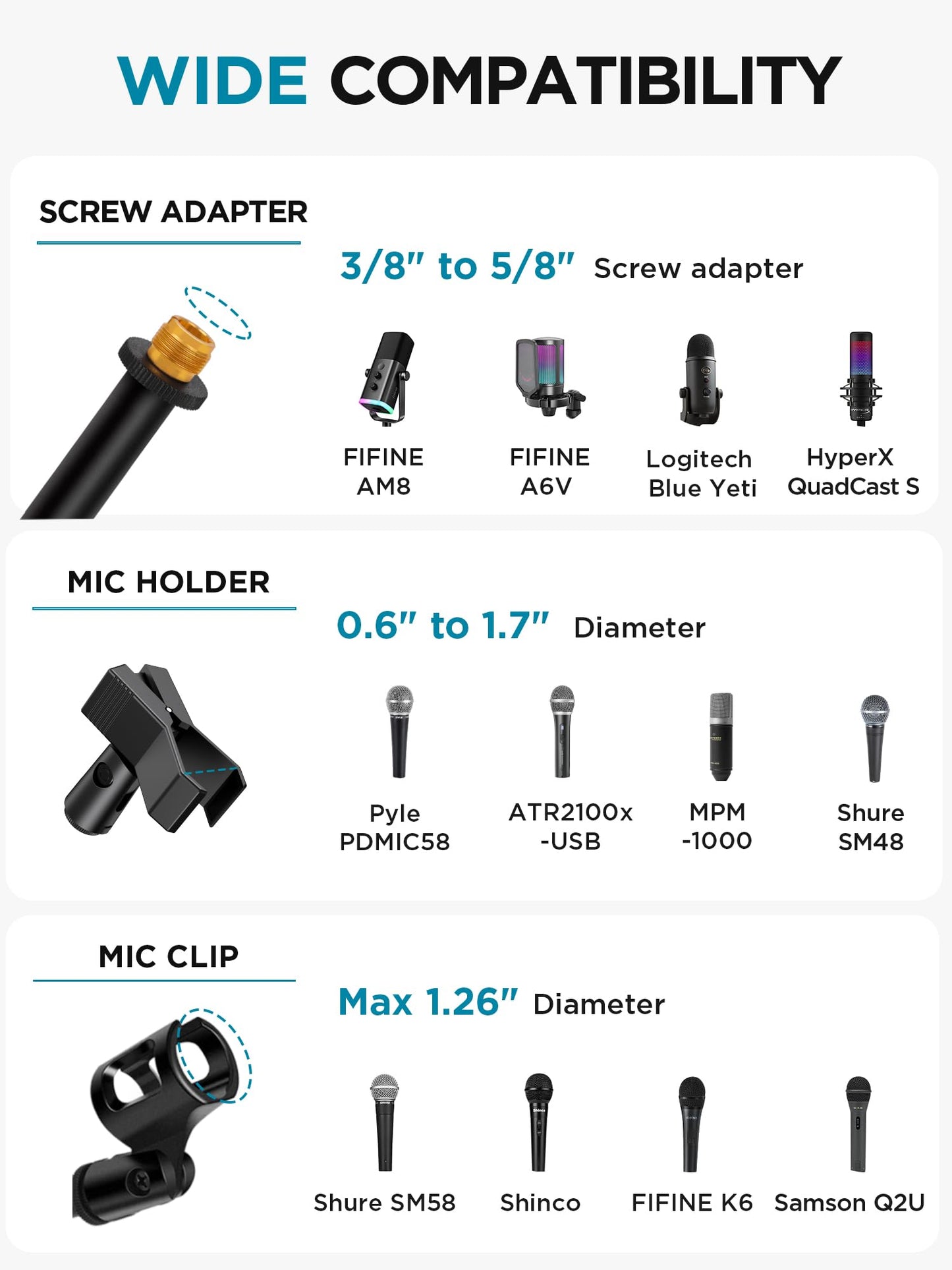 InnoGear Microphone Stand, Tripod Boom Arm Floor Mic Stand Height Adjustable Heavy Duty with Carrying Bag 2 Mic Clips 3/8" to 5/8" Adapter for Singing