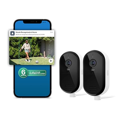 Arlo Essential Security Camera 2K (2025 Release) + 6 Months of Secure Plus Plan - Continuous Wired Plug-in Power Outdoor Camera, Person Recognition