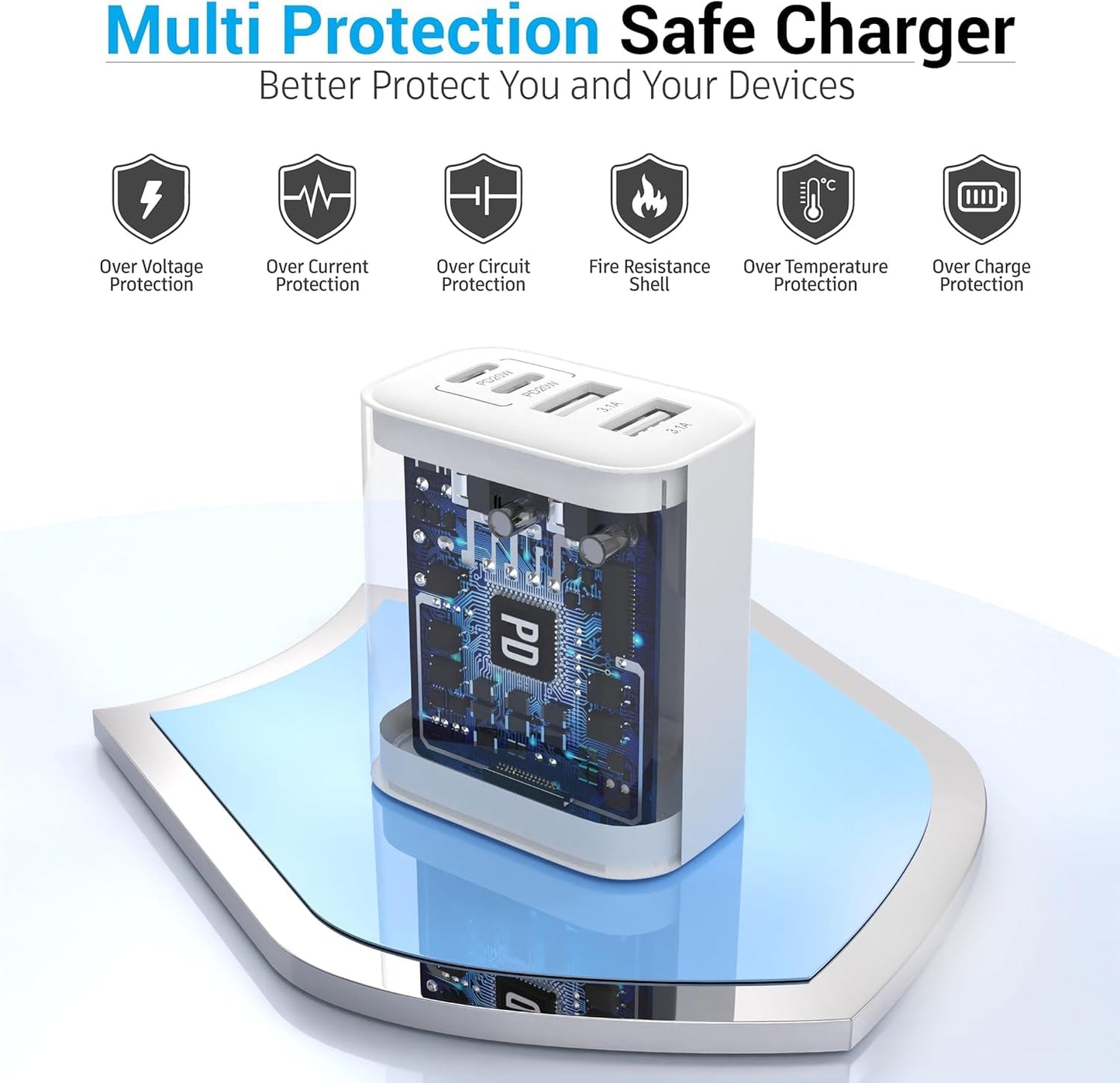 TT&C 60W USB-C Charger Block (2-Pack), 4-Port Fast Charging Hub (2 USB-C, 2 USB-A), PD 3.0 Wall Plug Compatible with iPhone 17/16/15, iPad & Samsung