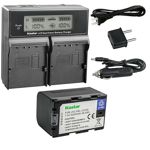 Kastar 1-Pack SSL-JVC50 Battery and CH04 LCD Dual Fast Charger Compatible with JVC GY-HM250 GY-HM250SP, GY-HM600, GY-HM600E, GY-HM600EC, GY-HM620U