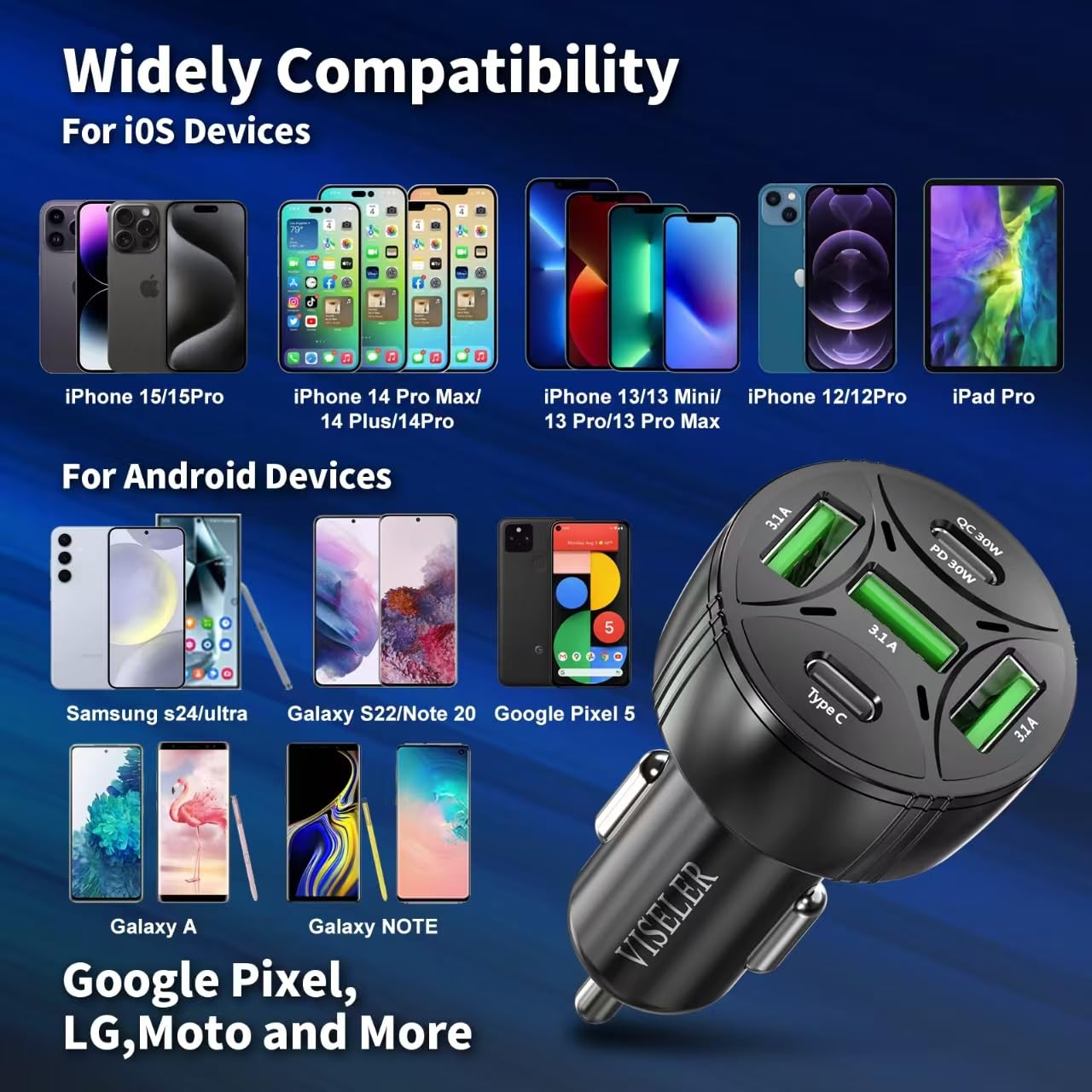 USB C Car Charger Adapter, PD 3.0 Charger, 5 USB QC 3.0 Car Phone Chager Fast Charging for iPhone 17, Galaxy S24 and Other USB Device. (1Pack)