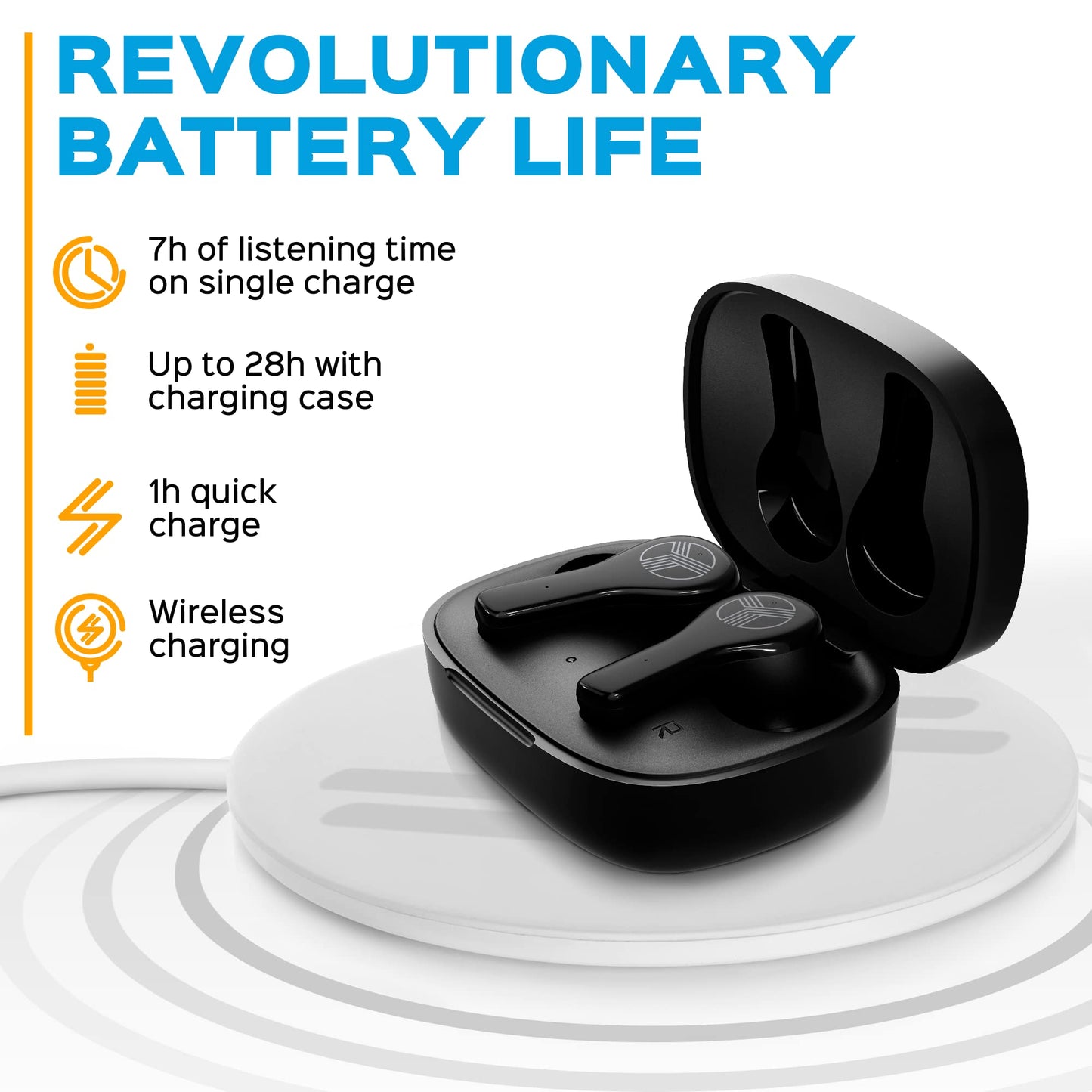Treblab WX8 - True Wireless Earbuds with Pure Sound, Soft Silicone Ear Buds, IPX8 Waterproof, 28H Play, Wireless Charging, Noise Reduction Touch